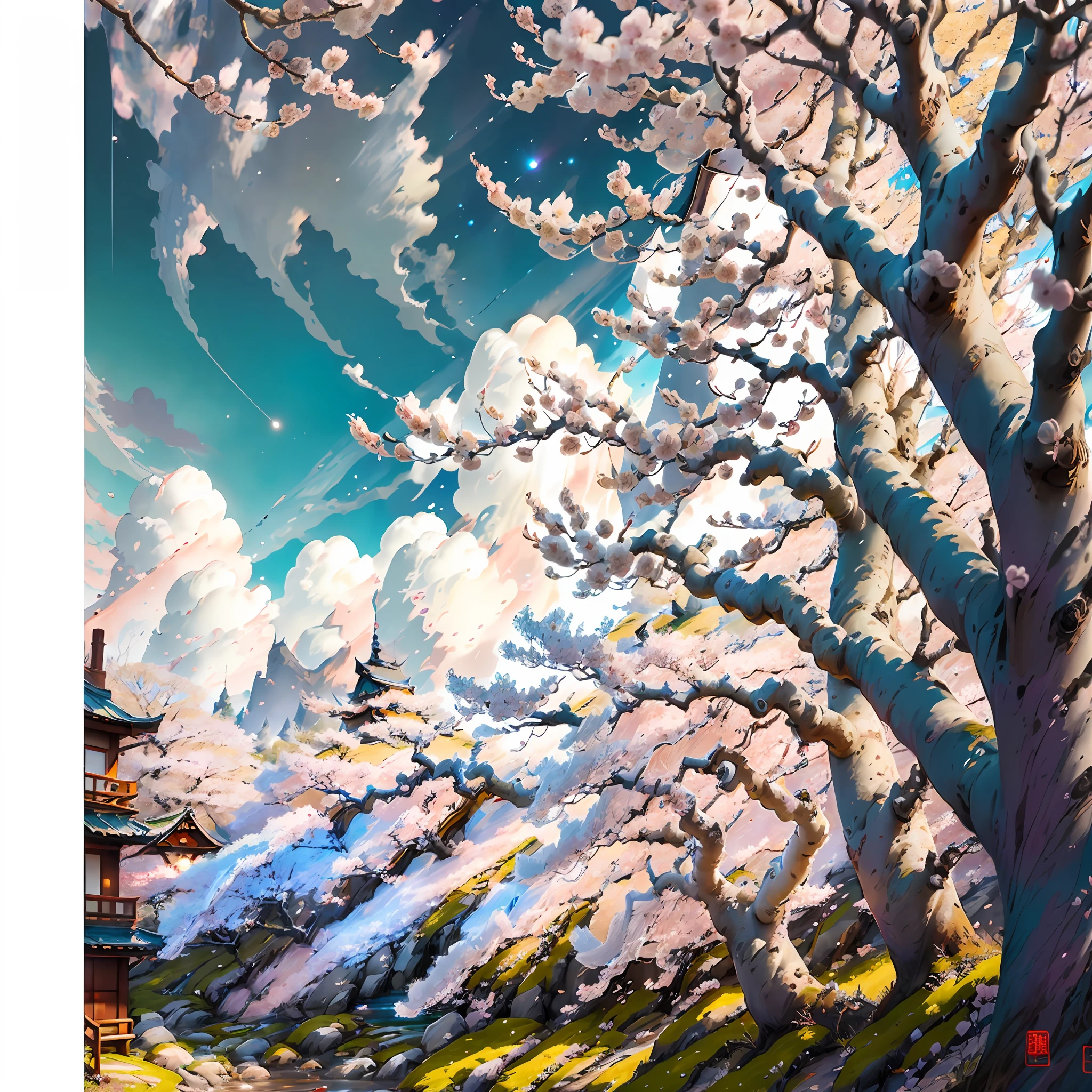 巨作, 最好质量, (((finely detail))), Landscape only, ((Very beautiful scenery)), cherry-blossom-tree, Light is shining, The background is space, Cherry blossoms are dancing, lovly, realisticlying, Detailed picture, It looks like real cherry blossoms, Extremely delicate、Lassen wind、
