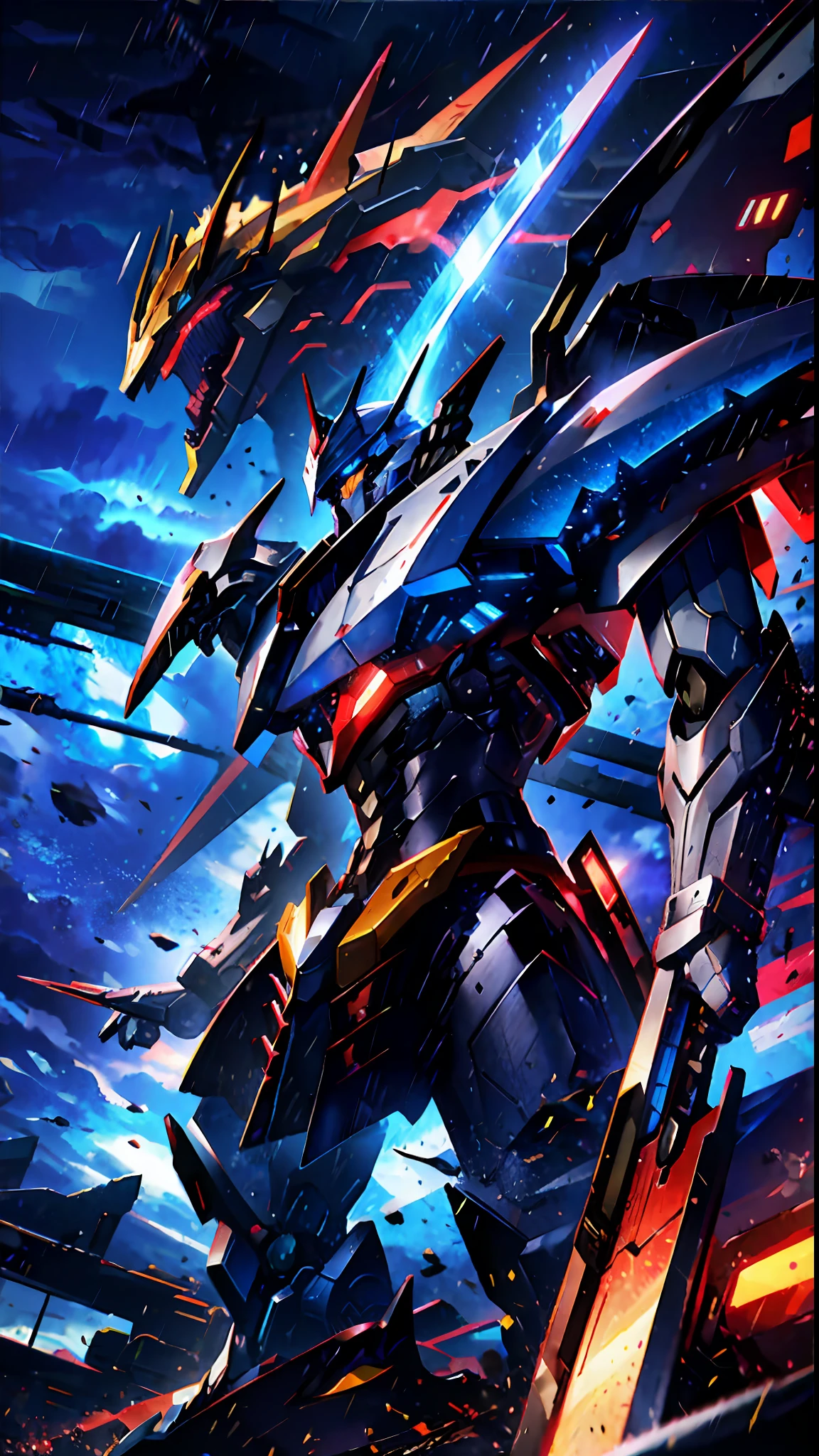 a close up of a robot with a sword in the rain, cool mecha style, mecha art, anime mecha aesthetic, mecha asthetic, armored core style mecha, well armored mech dragon, detailed anime artwork, barbatos mobile suit, detailed anime art, advanced digital anime art, mecha anime, mecha inspired, barbatos gundam