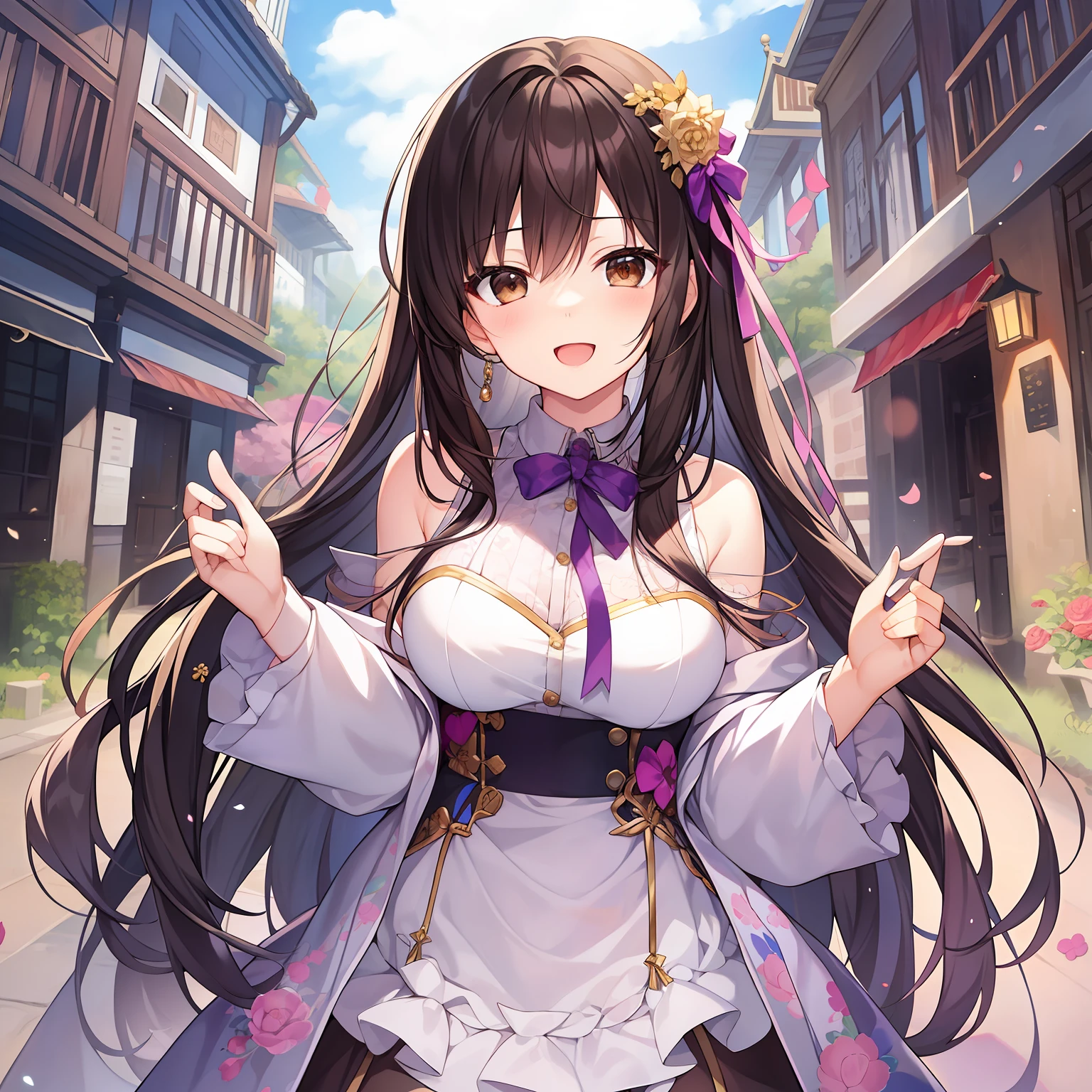 (巨作)8k解像度、最好质量、Girl with open arms and joy、Purple long hair、Brown eyes、10Beautiful Girl of age、Very delicate body、