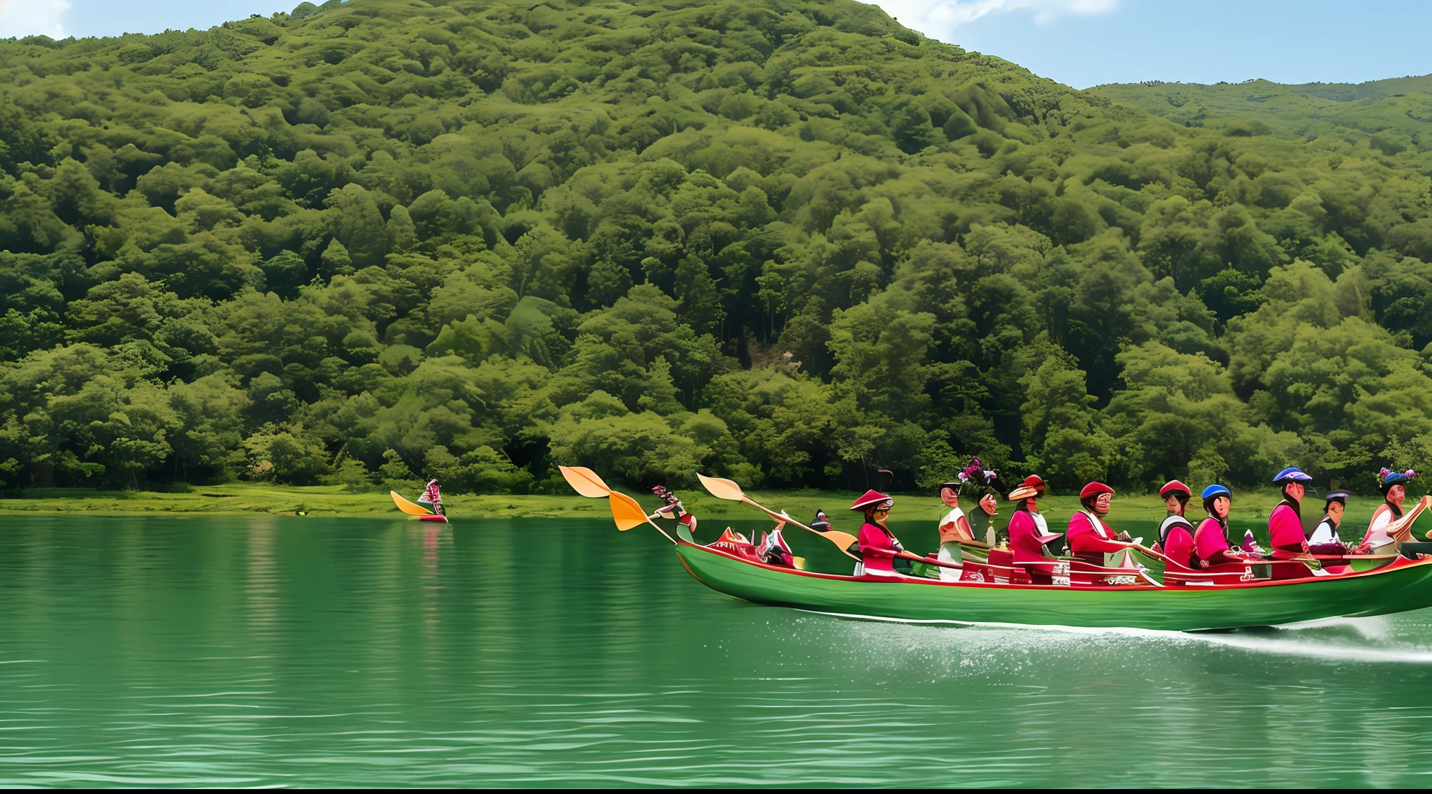Blue-green tones with majestic alpine lake in the background, and a gorgeous dragon boat in the close-up view of a gorgeous dragon boat advancing on the lake,People on board paddling hard Chinese style 2K 4K FHD CG rendering OC renderer Realistic light and shadow Embellish the traditional elements of the Dragon Boat Festival Zongzi wormwood【 --auto