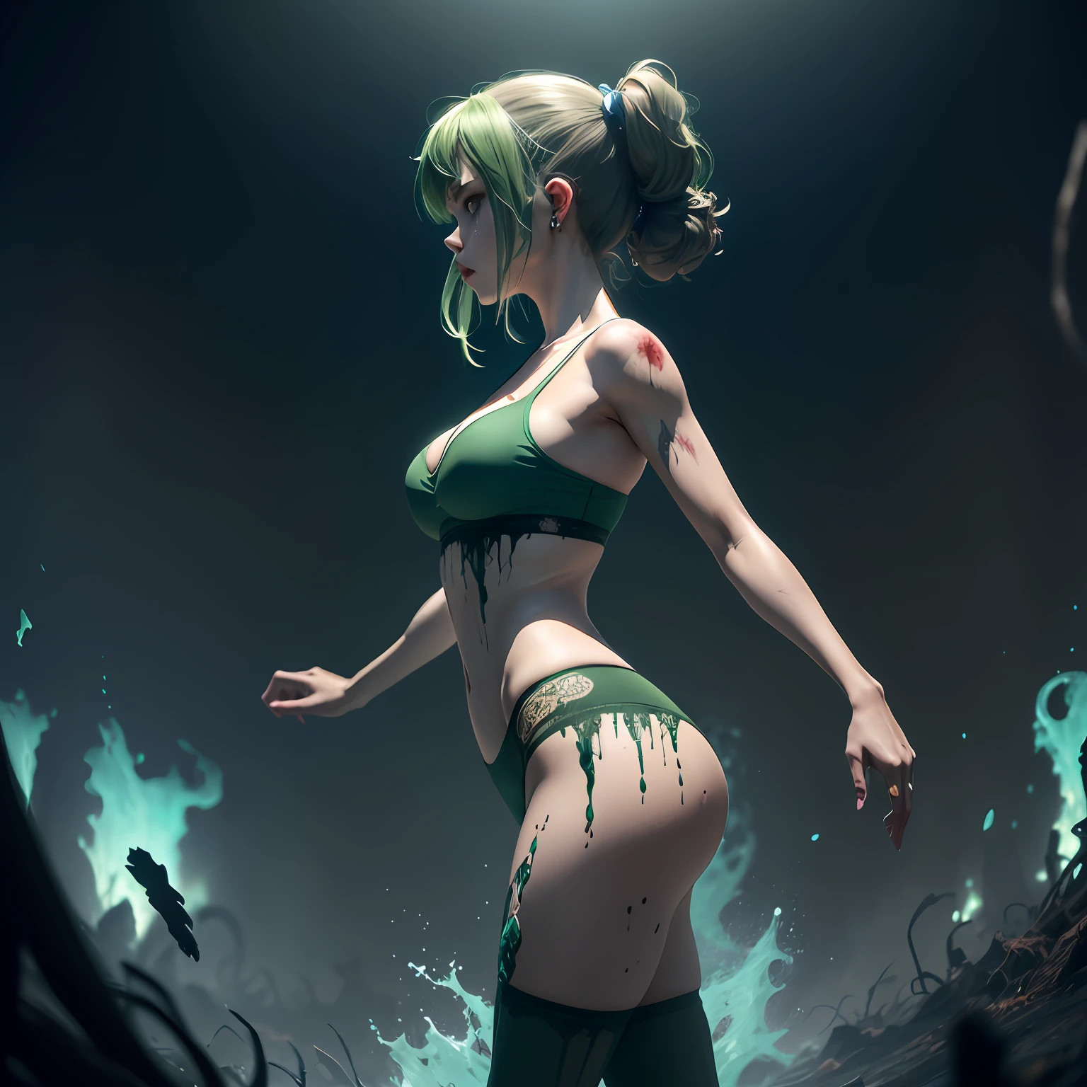 ((( elfa Sexy))) in zombie version, (Menina, ((sangue verde)), Corpo, leaking fluids, Color put death, ferimentos abertos, ((menina necro bonita)), 2. 5 d cgi anime fantasia arte | | | | |,arte de fantasia de anime, without a hat, (((side view))), correndo rapido em uma ponte