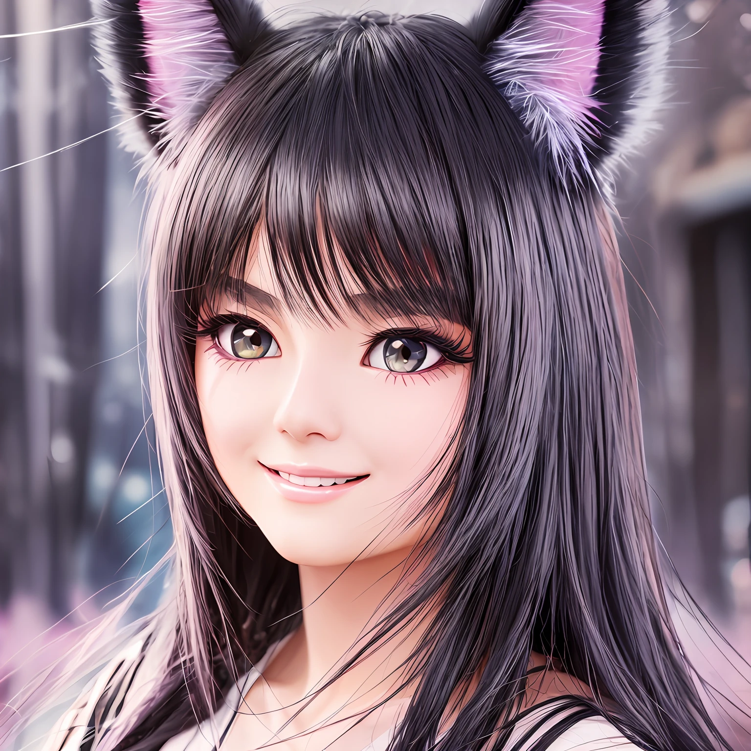 black hair, hair bobbles, wince, longeyelashes, solid circle eyes, fake animal ears, light smile, ear blush, fang, Surrealism, drop shadow, anaglyph, stereogram, tachi-e, pov, atmospheric perspective, 8k, super detail, ccurate, best quality --auto