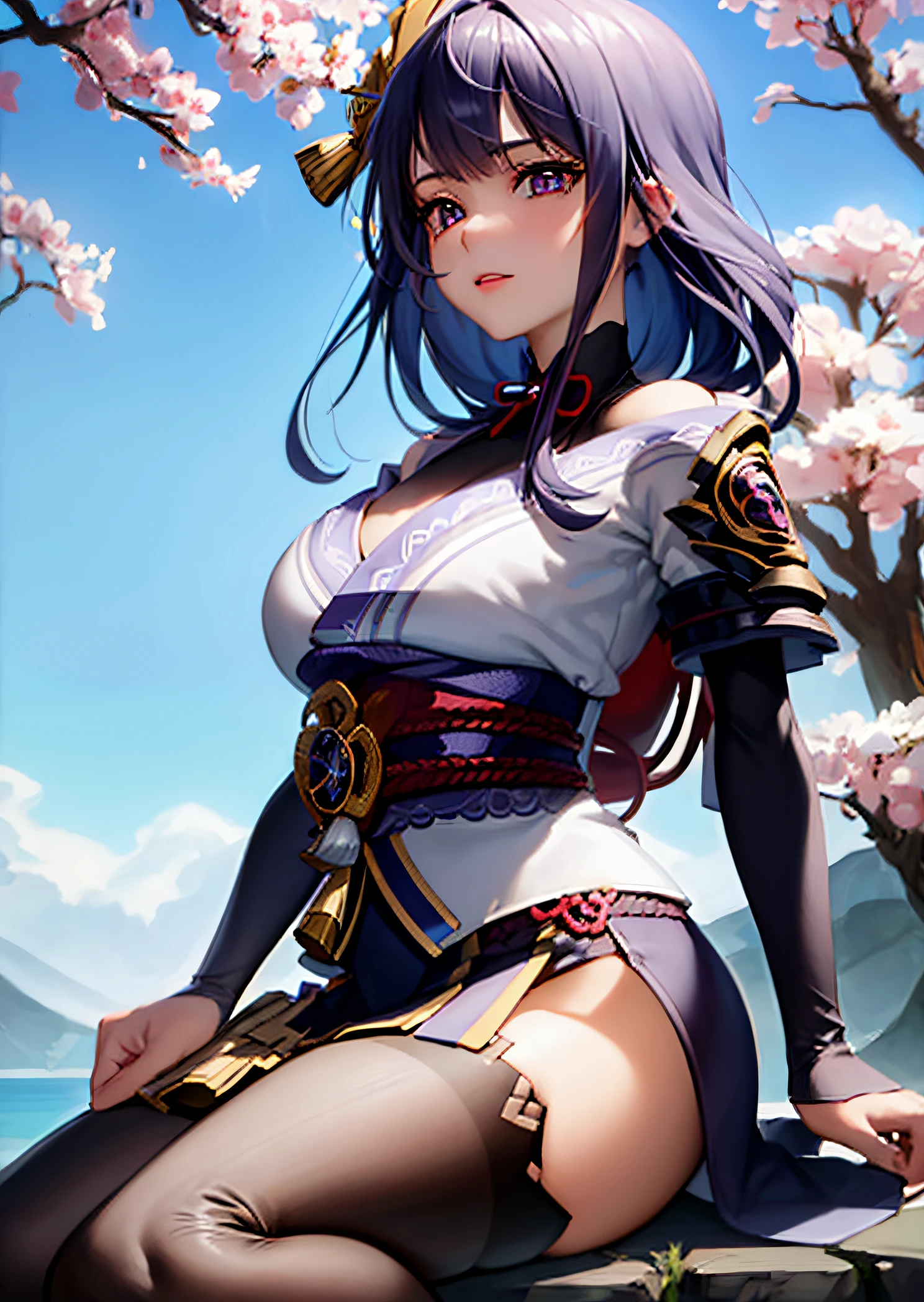 1woman, sitting under sakura, pure sky, cinematic light, finely detailed face, portrait, Best quality, masterpiece, full body, natural color, solo, soft lighting, raiden \(genshin impact\), shrug \(clothing\),