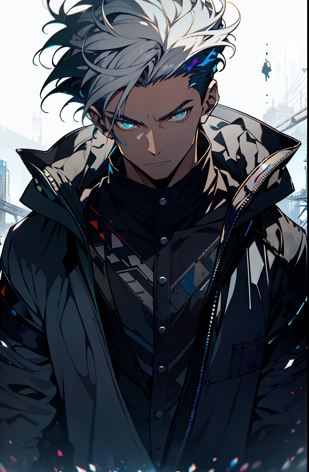 Cyberpunk male, fantasy world, dark background, clean design, epic instagram, artstation, colorful paint splatter, silhouette, hyper detailed intricate details, unreal engine, fantasy, intricate details, splash screen, complementary colors, Fantasy concept art, 8k resolution, deviantart masterpiece, oil painting, heavy strokes, paint dripping, (isolated on white background: 1.3), rainbow skin, (((handsome young man))), ((teenage:1.5) ), (glowing blue eyes), ((light eyes)), ((((short white hair: 1.1))), ((black clothes)), (prince\\(indifferent expression\\),, ( ((Wears high detail luxurious black robe))), white hair, frost magic, ((chest) --v 6