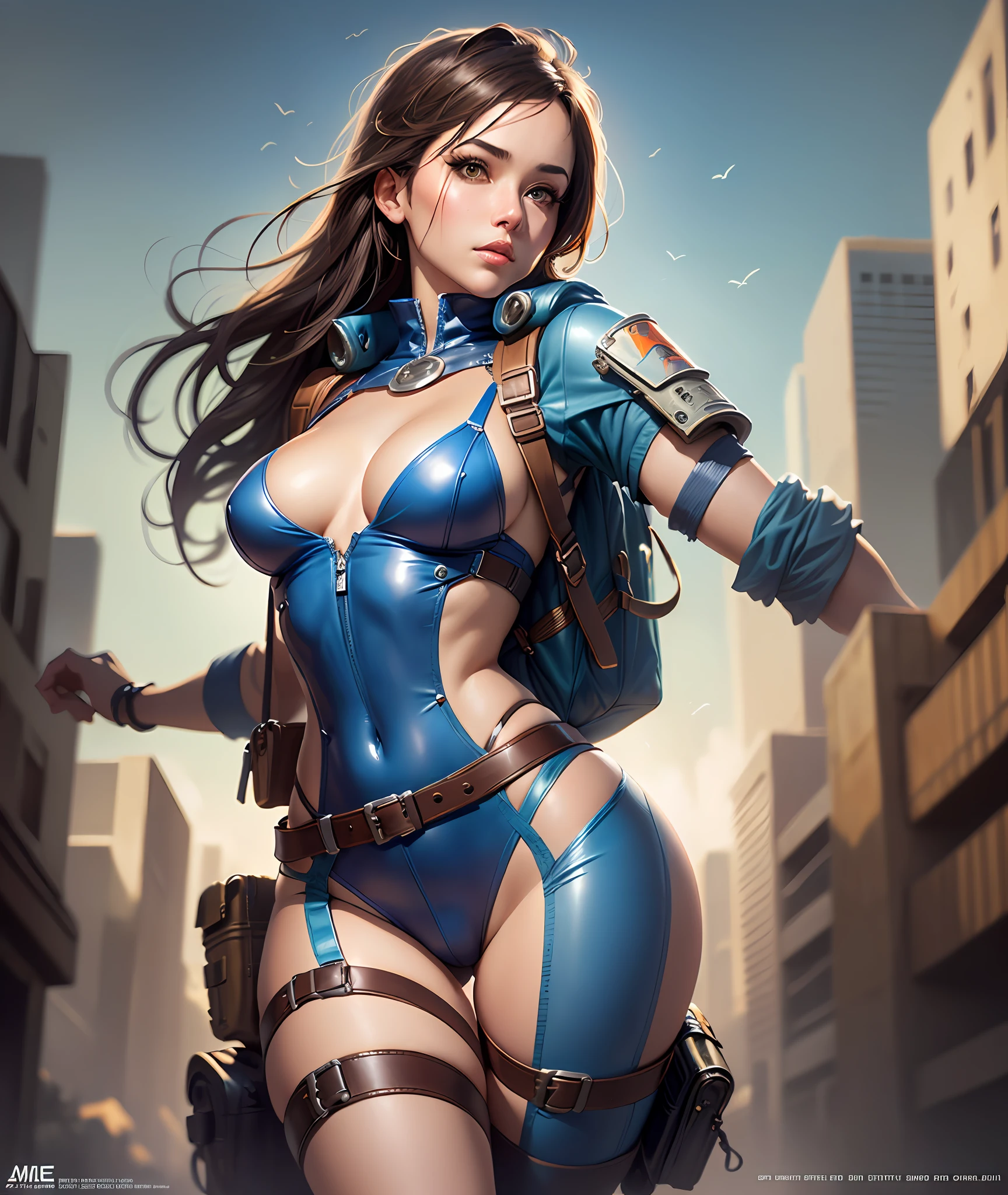 Fallout, a woman with messy brown hair, wearing a skintight vault jumpsuit, and a ragged blue metal gear bandana, brown eyes, blue jumpsuit with yellow stripes, backpack straps, fallout 3, cleavage, one leg up, GTScity, GTS, rampage, extremely detailed artgerm, Masamune Shirow, artgerm julie bell beeple, artgerm on artstation pixiv