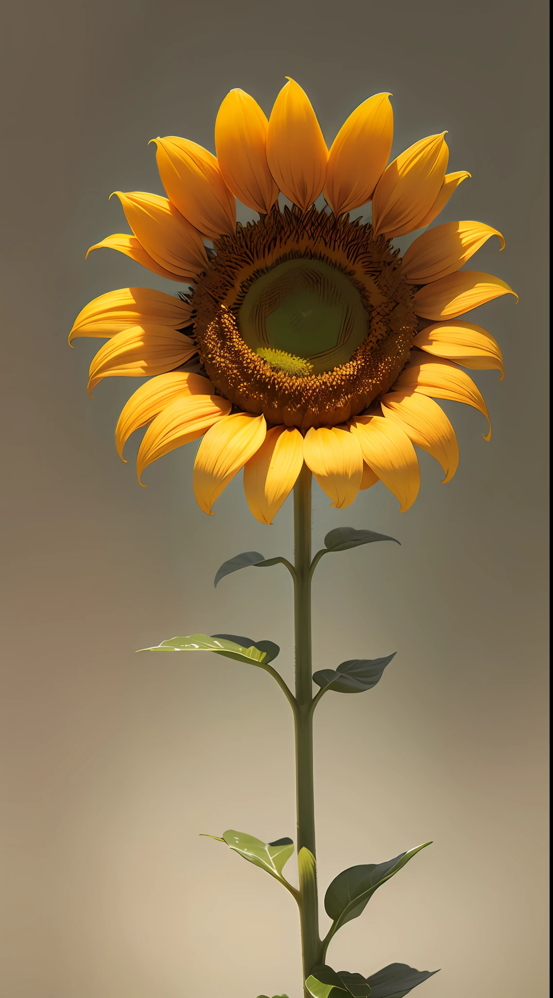 sunflower blooming on a twisted branch against a gray background, simple background, in light orange and light beige style, minimalist images, photographic installations, paleocore, green and crimson, hyper-realistic poetic intimacy 768X2048 --auto --s2