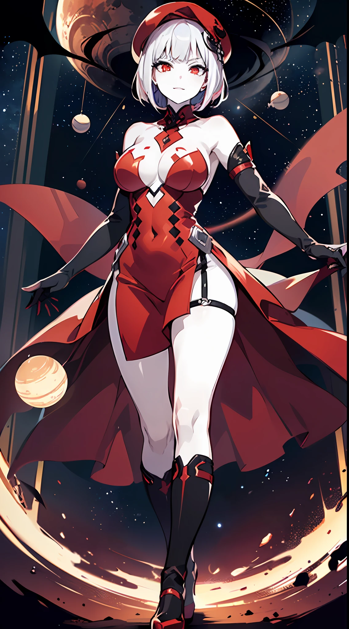 ((red dress), ((smug)), ((demon)), ((evil)), ((pale skin)), ((demon slayer)), 1girl, standing, woman, mature woman, red complexion, ((red skin)), white eyes, burgundy hair, short hair, standing tall, zero two, ((red buttoned dress)), full body, red beret, high quality, outside, moon, nighttime, darkness, arms at sides, elbow gloves, smug, in the style of demon slayer, best quality, masterpiece, large breasts, orbs of light, large orbs floating around her body, orbs, ((sky)), ((outer space))