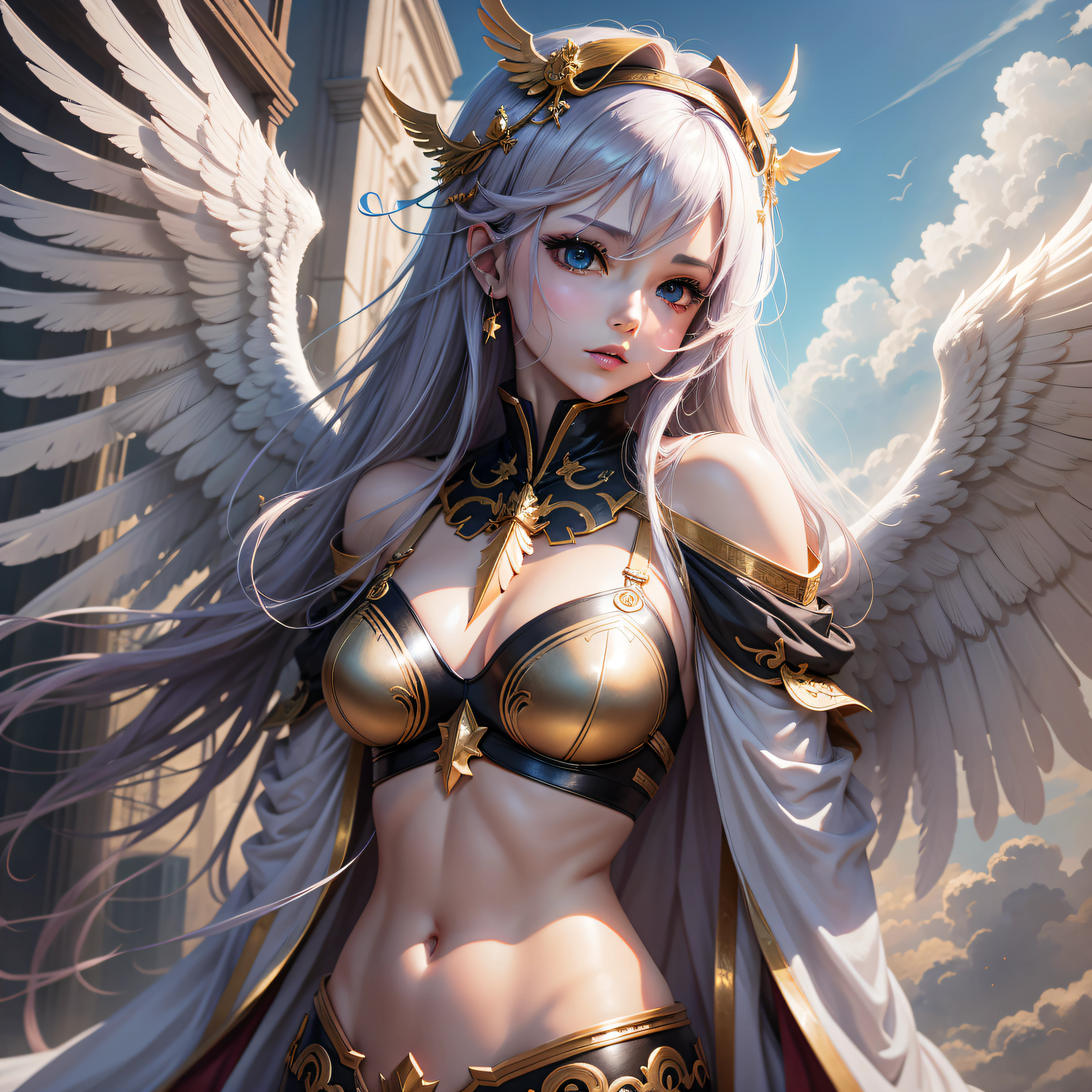 Backlit angel maiden, Six-winged angel, white short hair, Put your hands together, Plump body, Broken suits, Two-tone eyes, The angelic ring is highlighted, Sexy clothes, Gold or silver decorative faith objects, body complet, golden bracelet, Silver Holy Sword, Divine Light Pattern, The Holy Light shines, holy glow, glint, Chiaroscuro, Cinematic lighting, Fujicolor, Canon, Ray tracing, Best quality