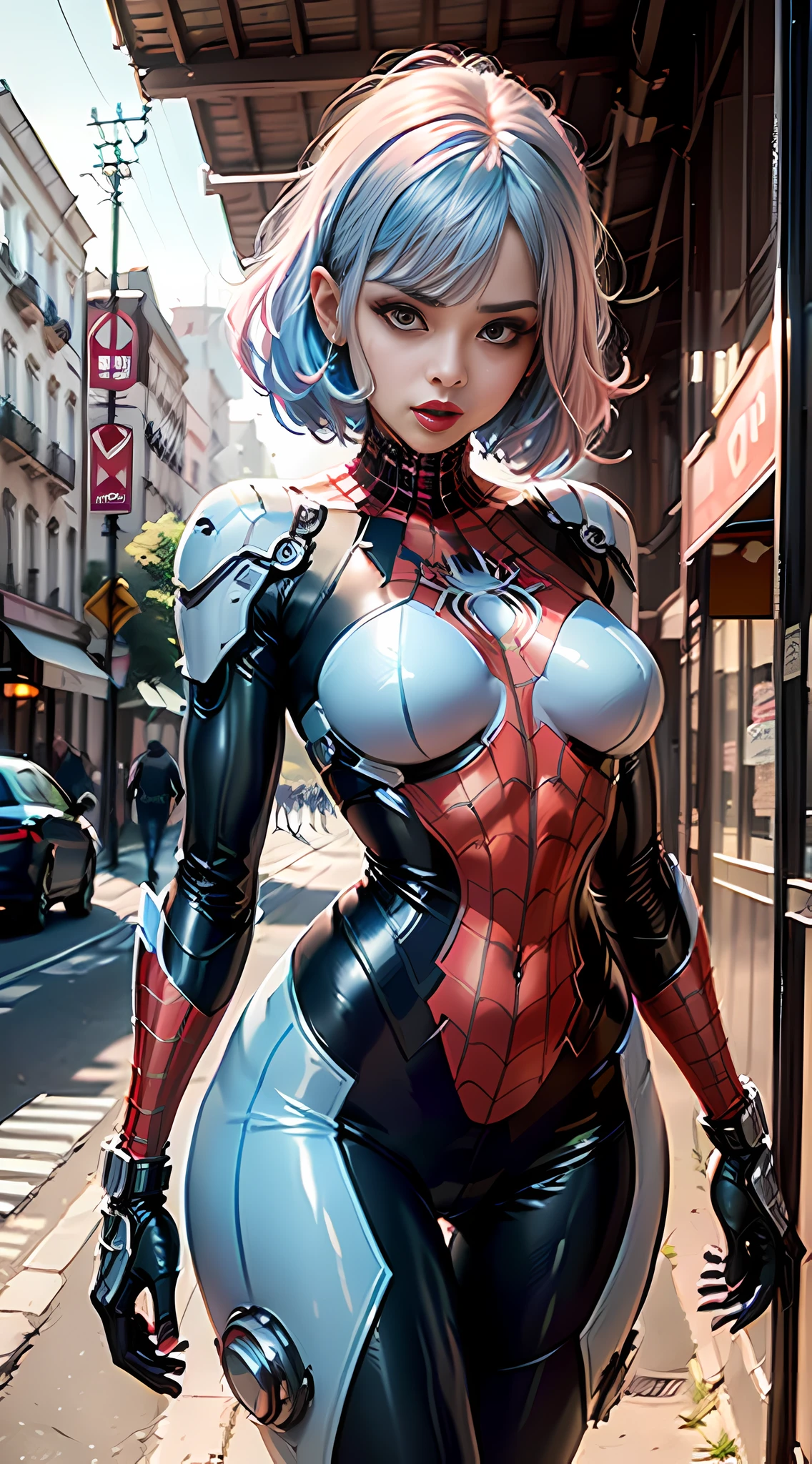 Beautiful girl detailed defined body using Spider-Man roleplay,In Fauvist architecture、Gothic brutalist cathedral,Cute expressions,(((cyber punk style))),Mechanical wind Spider-Man costume,Super cool,(Fighting posture),In a fight,Fighting process,((Super detail all over the body)),Laser sword