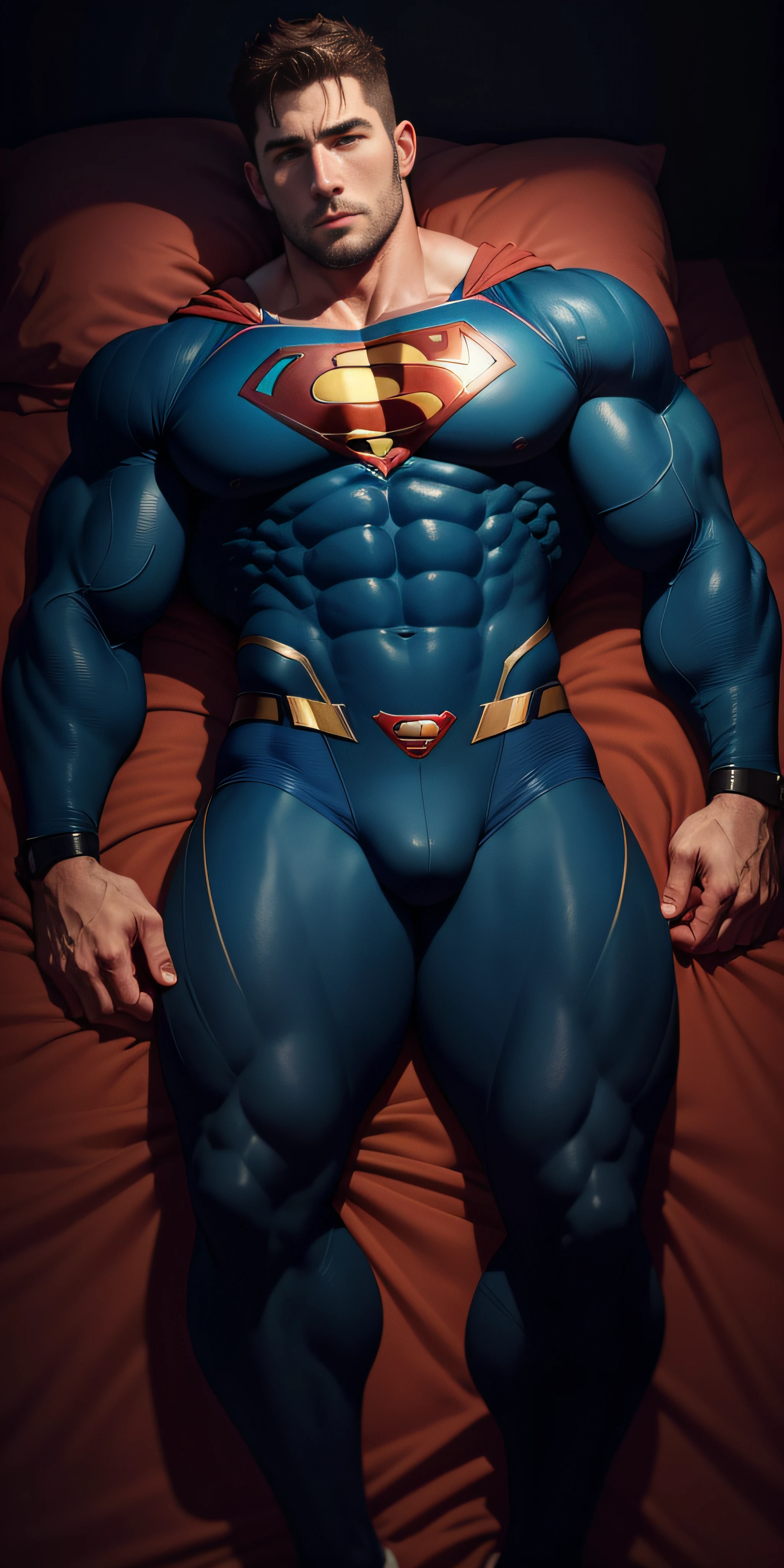 1 muscular man wrapped in dark blue Superman tight high-necked Slime，Sleep on a large bed with sunken dark blue tentacles wrapped around them，There are plenty of dark blue stout tentacles on the bed，They burrowed between their legs，There are stout massage sticks on the bed，Eyes are confused，muscular male hero，buzz cut，Tall and burly，very muscular！Tall, Burly, and strong， Sneak suit，Thickened warm tights，Advanced symmetrical pattern texture，Premium texture highlights， Sexy thick legs，super gain and cool， high resolution commission， Character design（Resident Evil - Chris Redfield，Chris Redfield），Rough big feet，Dark blue cotton socks，Attractive strong men，He opened his mouth wide，In the shout