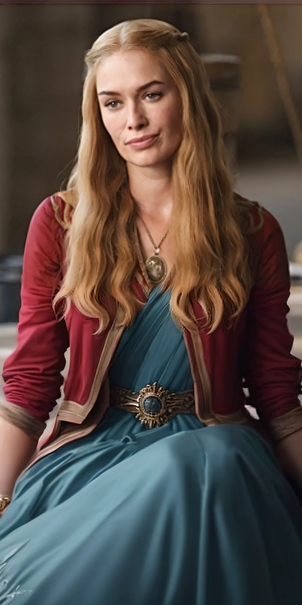 a woman with long hair and a red dress sitting in a room, portrait cersei lannister sit, sansa, game of thrones style, 《games of thrones》Still, 《games of thrones》still from movie, sansa stark, from of thrones, emily blunt(emily blunt)Portrait of the Queen as Queen, daenerys, Shot from《games of thrones》, an epic fantasy