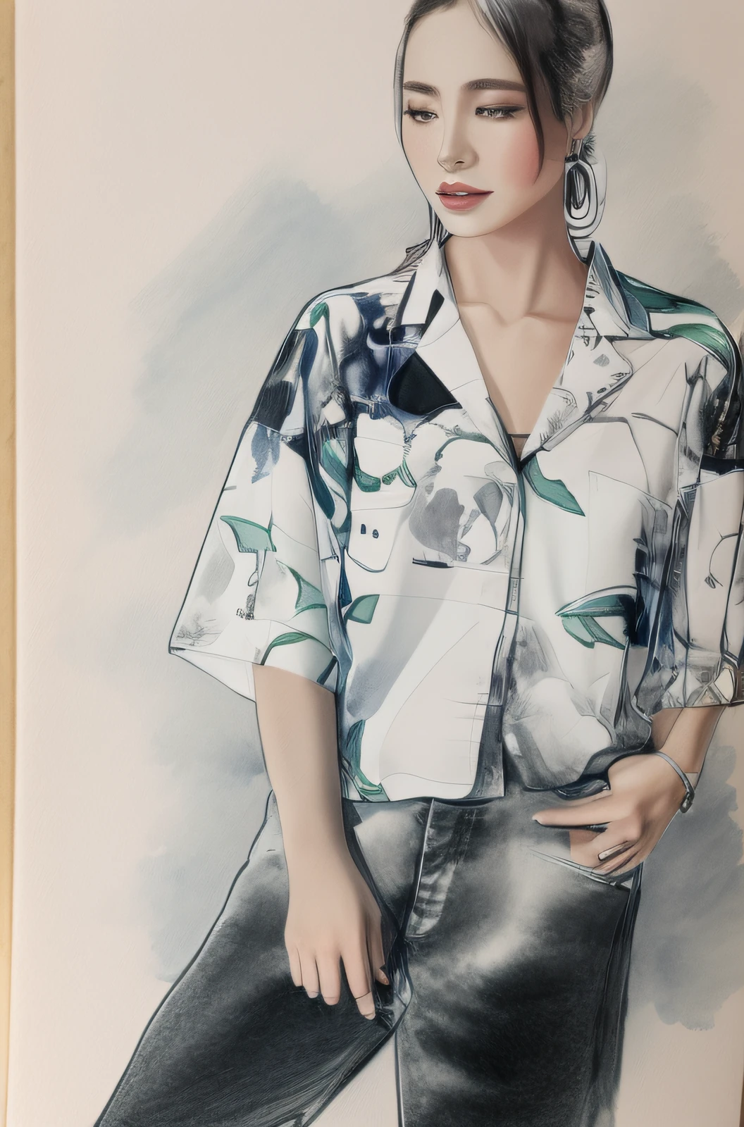 Draw a woman in a shirt and pants，Wearing a pair of earrings, line art illustration, realistic line drawing, Outline sketch, drawn with photoshop, outlined art, hyper detailed line art, line art portrait, illustration line art style, sketch black and white colors, hyperrealistic sketch, sketched, Line sketch, thin line art, digital sketch, realistic sketch, sketch illustratio