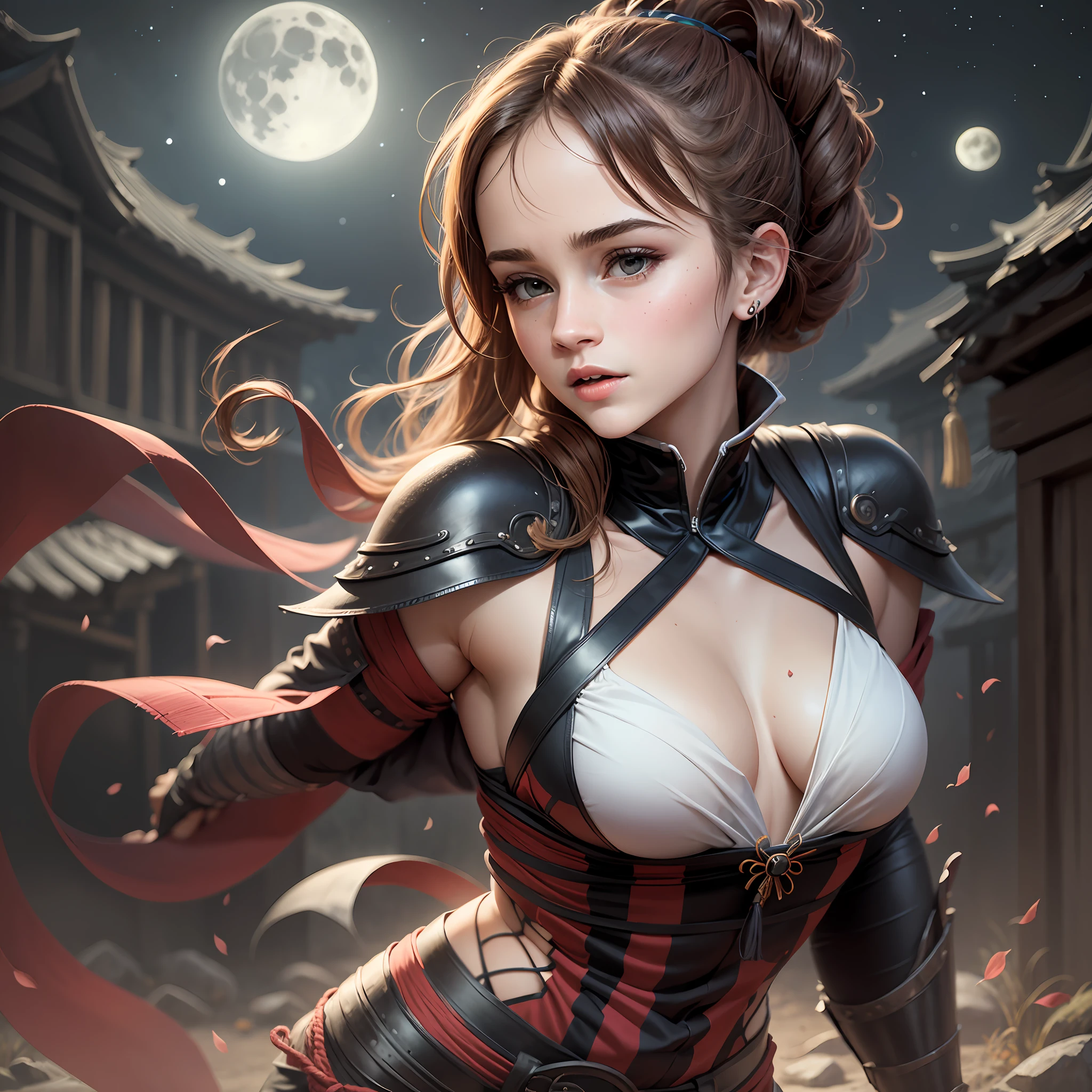 teen emma watson as a kunoichi. tight intricate ninja costume. slender body. feudal japan. night. background moon.
