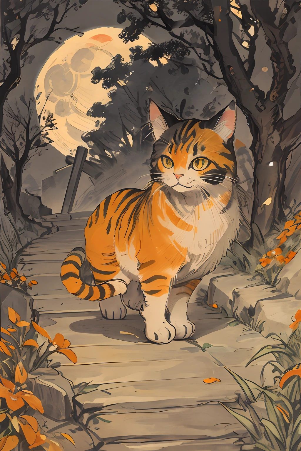 cat,orange,cute,big eyes,masterpiece,full moon,alley