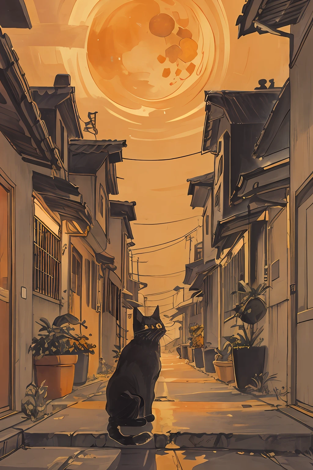 cat,orange,cute,big eyes,masterpiece,full moon,alley