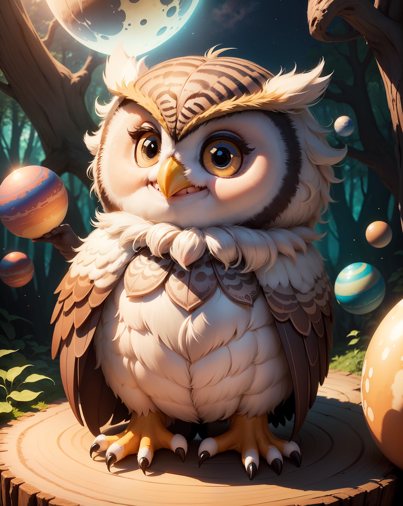 Baby owl, (((smiling happily))) cute, adorable, wise Disney style, intricate details, in a forest with sky and large colorful planets in the background --auto --s2