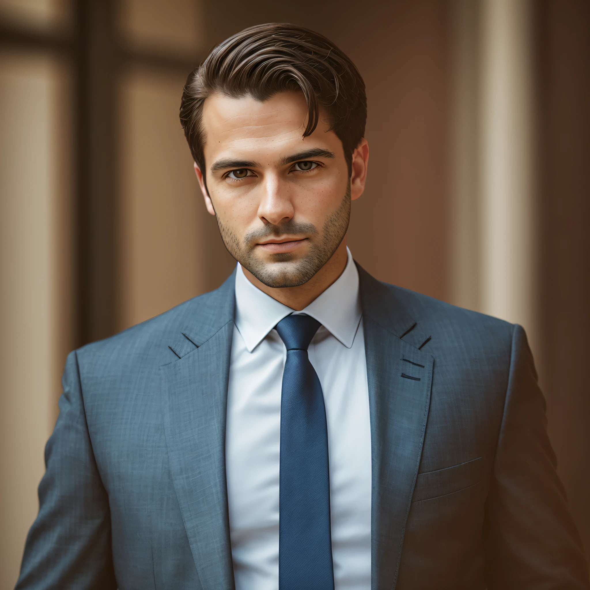 a Man standing with 30 years in suit and tie, body and head straight in the photo, DSRL, facing the viewer of the photo, eyes fixed to the lens, appears shoulders and head in the photo, man centered in the photo, 8k, best quality, masterpiece, realistic, realistic photo, movie photo, ultra realistic, 1 person, detailed, Perfect lighting, DSRL, professional photo, 4k --auto --s2