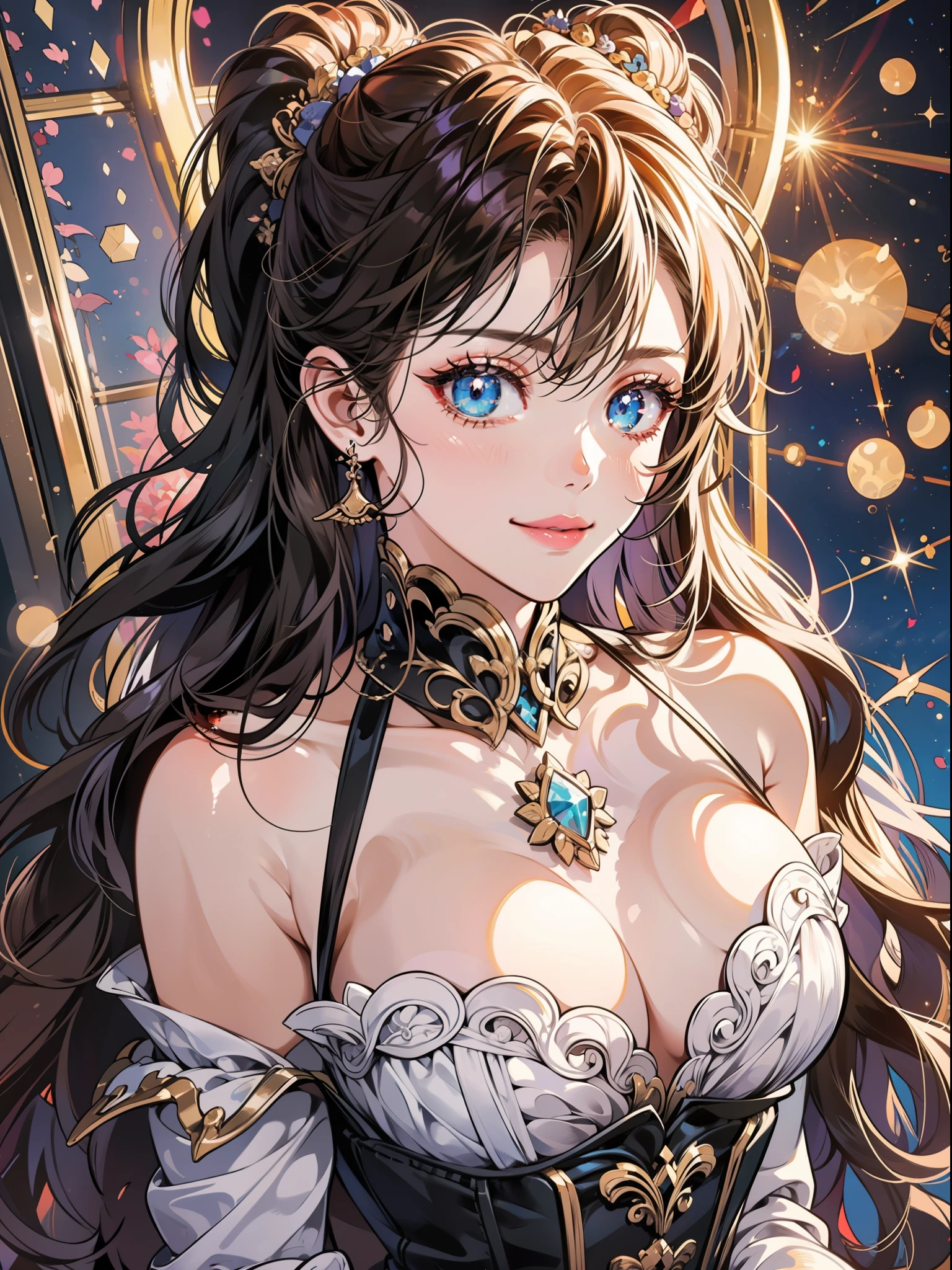 Seven-doppelganger shot，Drill hair, half-closed eye, Seductive smile, Anime style, High detail, Chiaroscuro, From above, Lens flare, ultra high def, Super detail, Best quality, 巨作, ccurate, High details, Anatomically correct, High quality, High quality, A high resolution