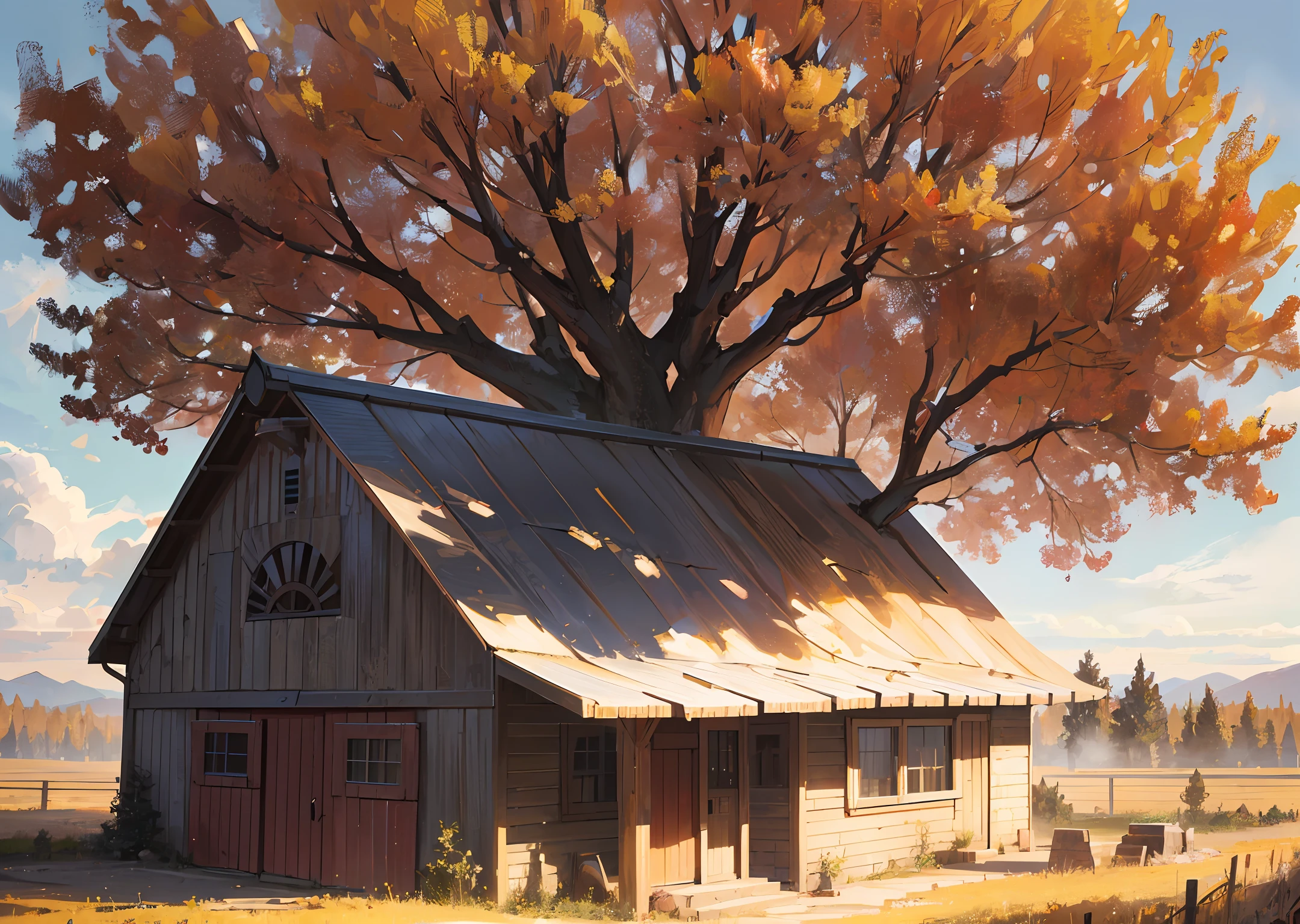 Tree, red horse, white barn in a field, art by Max Rive and Ryan dyar, octane render, Unreal engine 5, kodak style --auto --s2