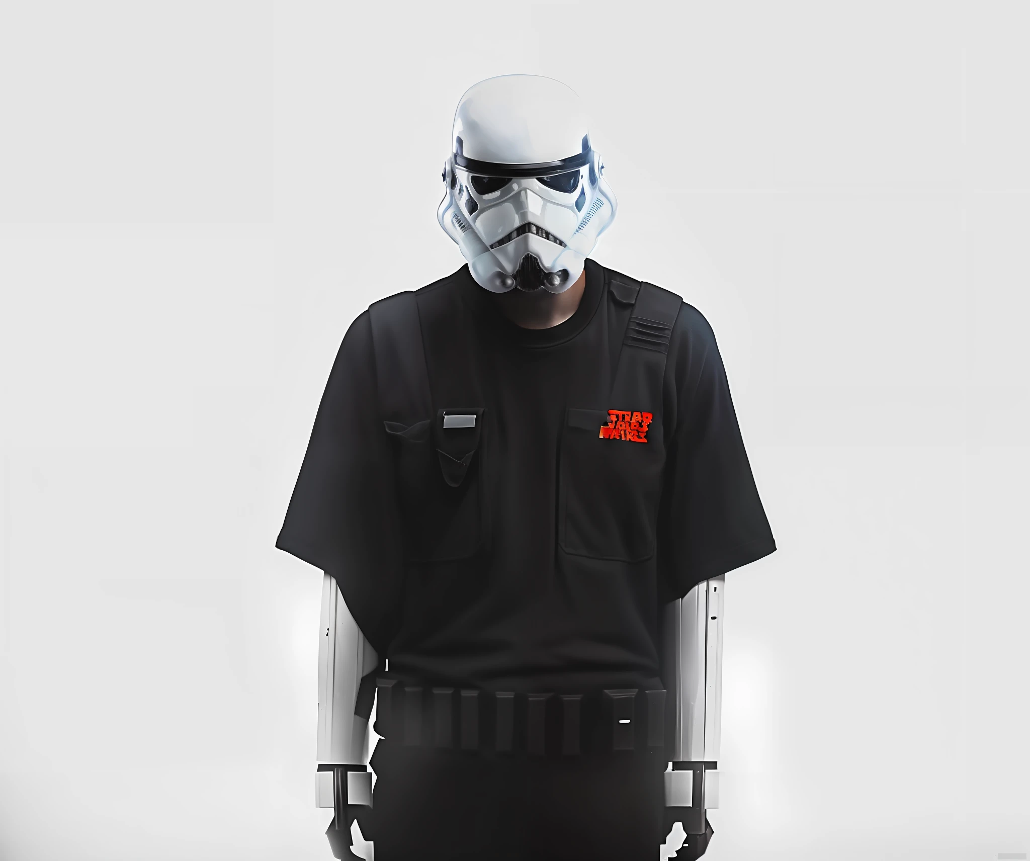 (realistic rendering), best quality, life-size, (Star Wars) (stormtrooper), (plain T-shirt), gritty, streetwear, (high-detailed texture), (dynamic pose), urban backdrop.