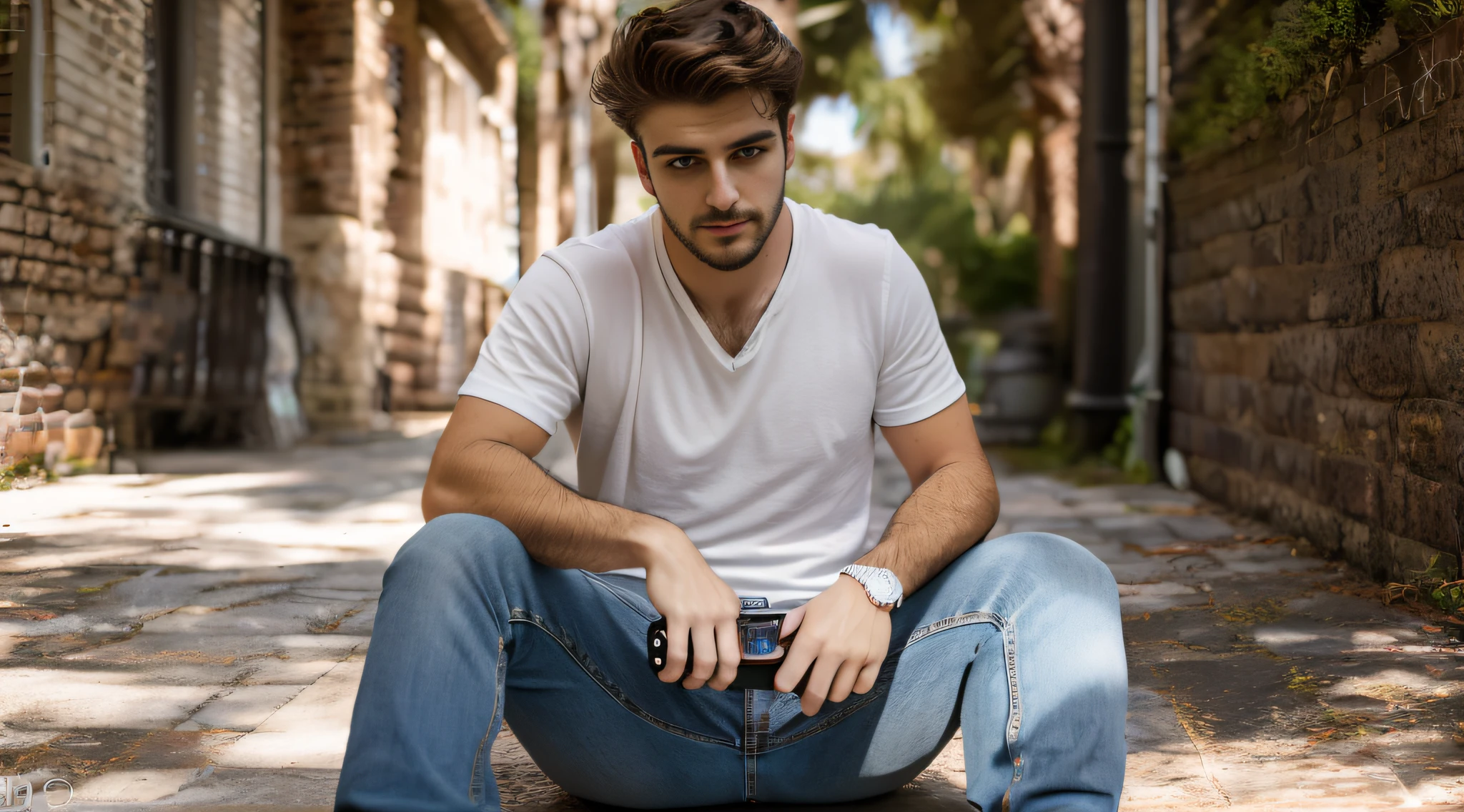 uma foto de um homem bonito 21yo com cabelo loiro, wearing a pair of jeans, fundo simples, fotorrealismo, fotorrealista, clear, focado, centrado, deail extremo, HD, 8k, DSLR, RAW, iphone, instagram