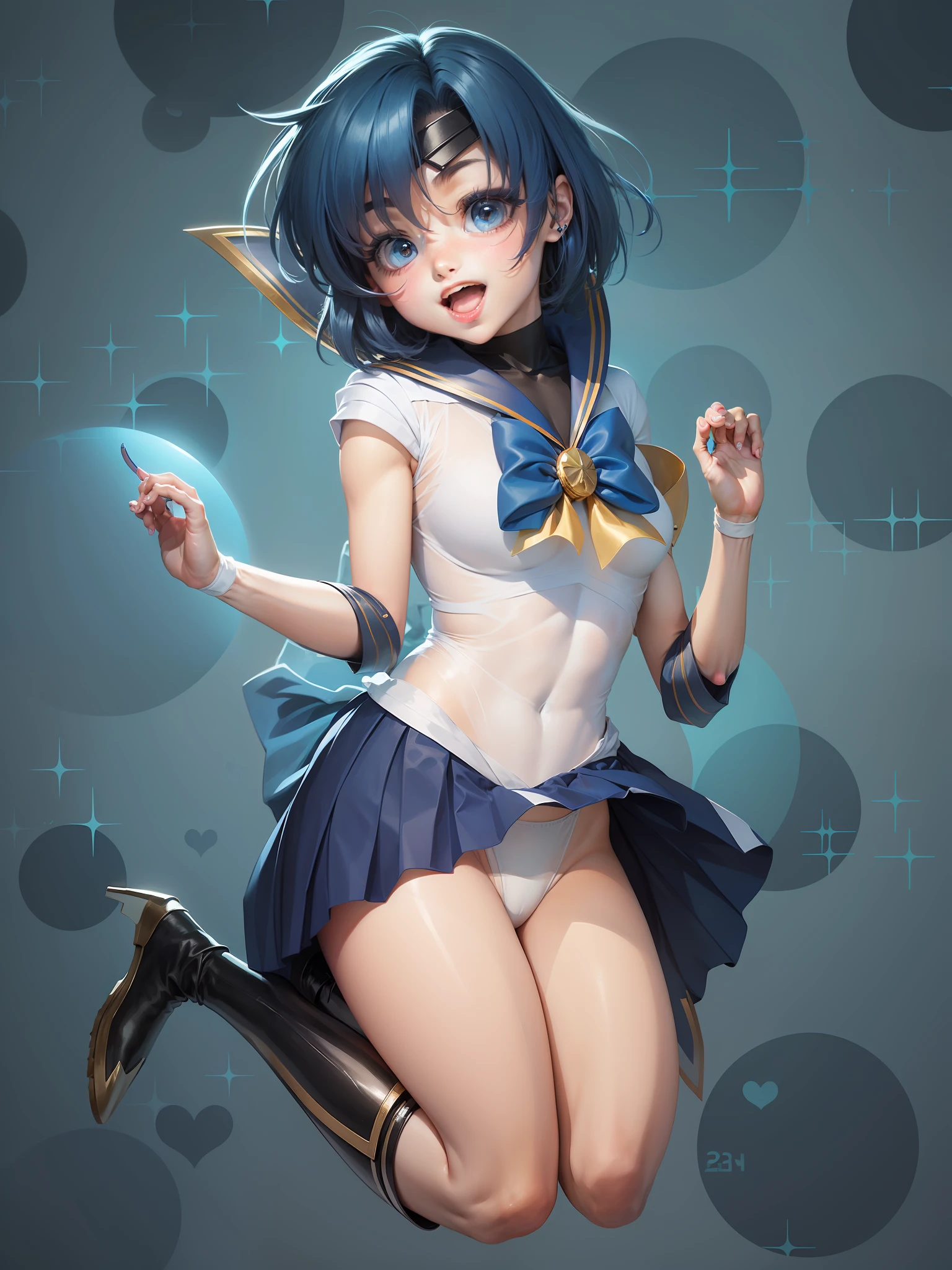 2D animated image of a man in a white sailor suit jumping、Wallpapers Anime Blue Water、the sailor moon!!!!!!!,Anime Boy、(Anime Boy)、Ecchi Anime Style、Anime Manga Robot!!Anime Boy、Enchanting anime boy、the sailor moon、Classic Boy、High quality anime art style、anime moe art style、highleg、White panties、White Leotard、Blue-haired、bob cuts、bare leg、Blue collar、Blue ribbon、Blue pleated skirt、Raised male genitalia、Blue boots、jewlery、Exposed legs、Skin、Raw feet、a smile、young ager、Beautiful Boy、handsome