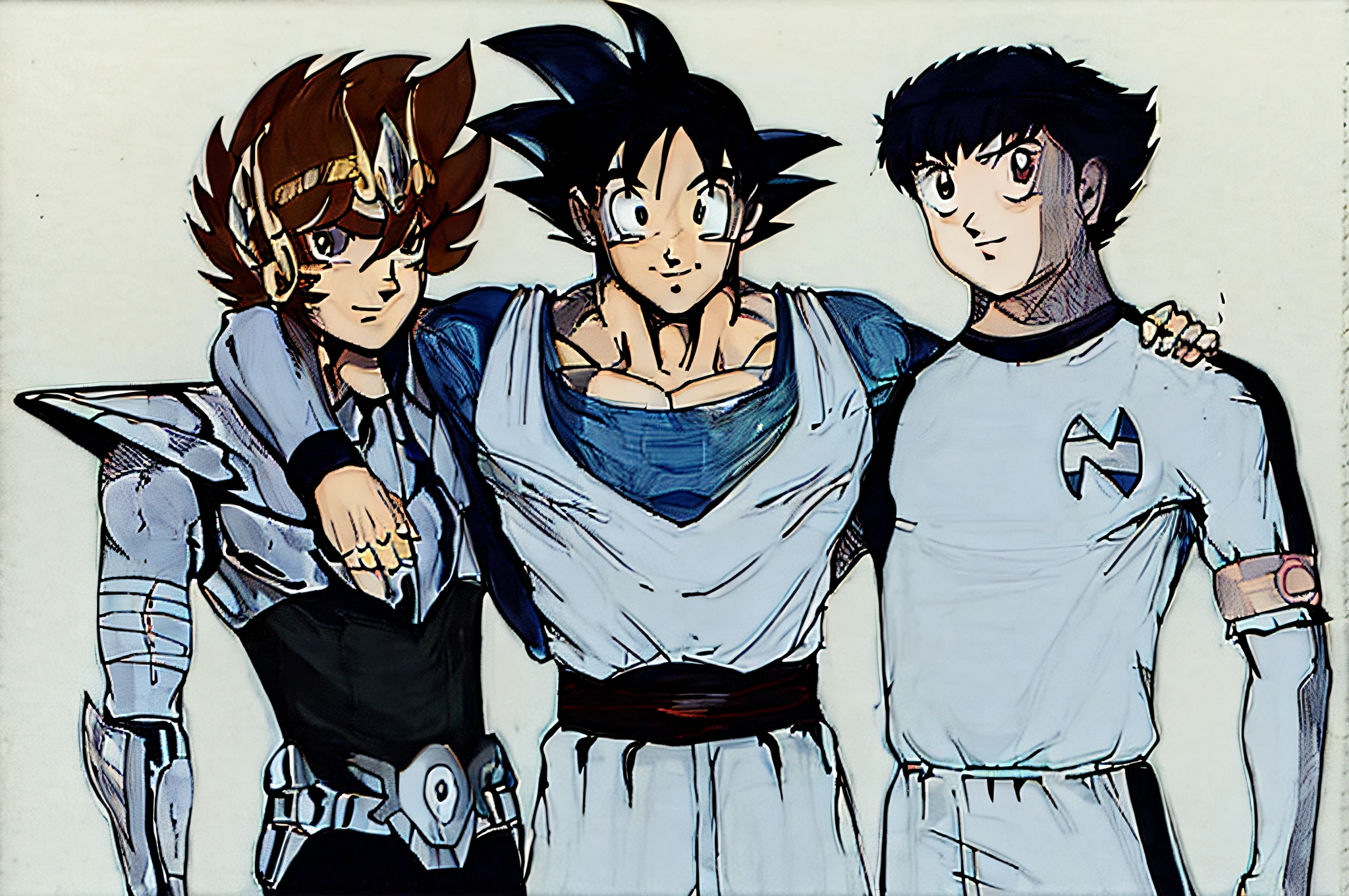 arafed drawing of three young men standing next to each other, 8 0 s estilo de arte anime, 9 0 s estilo de arte anime, in the art style of 8 0 s anime, Anime cel shaded, 1980's anime style, 9 0 s estilo anime, Estilo anime de los 90, 8 0 s estilo anime, Estilo Anime Ova de los 80