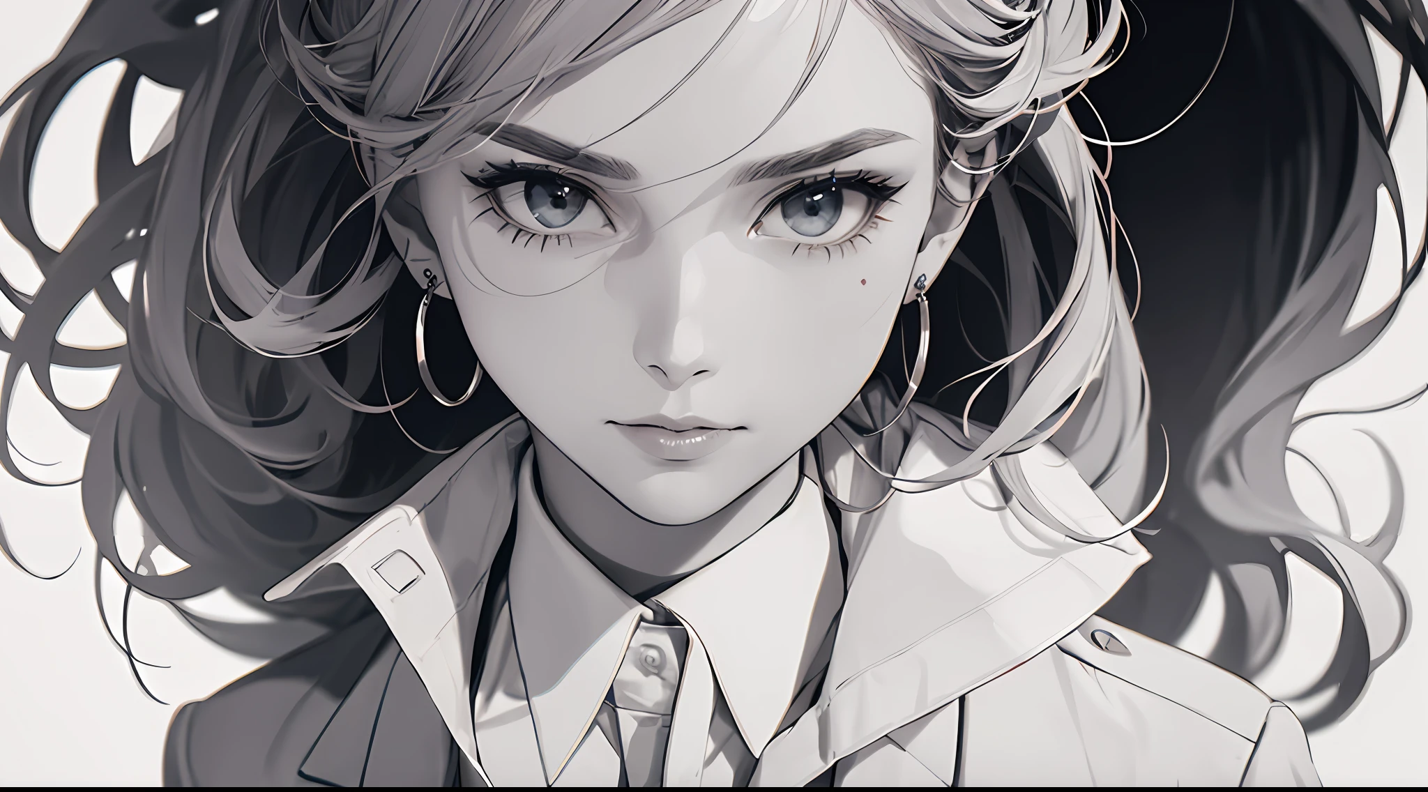 ((Masterpiece, Superb Business Negotiation Aesthetics)), 1 female solo, close-up, (Determined eyes), (Black blazer, white shirt, tie, trousers), (wavy hair), (Formal wear), Mature woman, (Clear facial features, detailed skin texture, beautiful face), White background, Earrings, perfect slim thick body, huge breasts, Standing, (Masterpiece, Top quality, Best Quality), ((Flat Color))