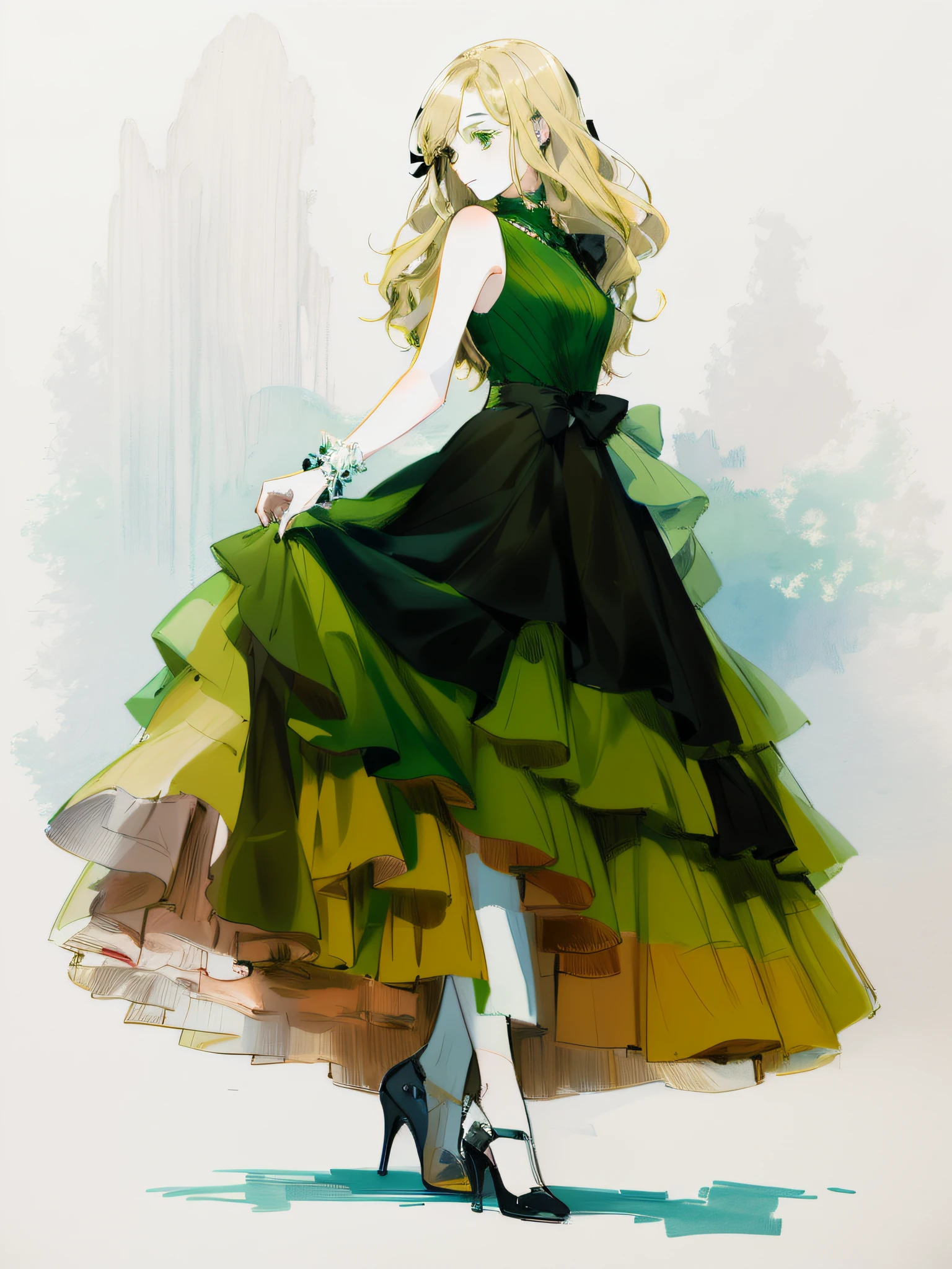 A painting of a woman in a green dress,Green dress,Green top,Green skirt,Wearing a bow, beautiful drawing style, wearing flowing dress, detailed dress and face, traditional drawing style, girl in a dress, wearing elegant dress, Drawing style, detailed fashion illustration, coiffed blonde hair,fair white skin,black heels,((Black eyes))