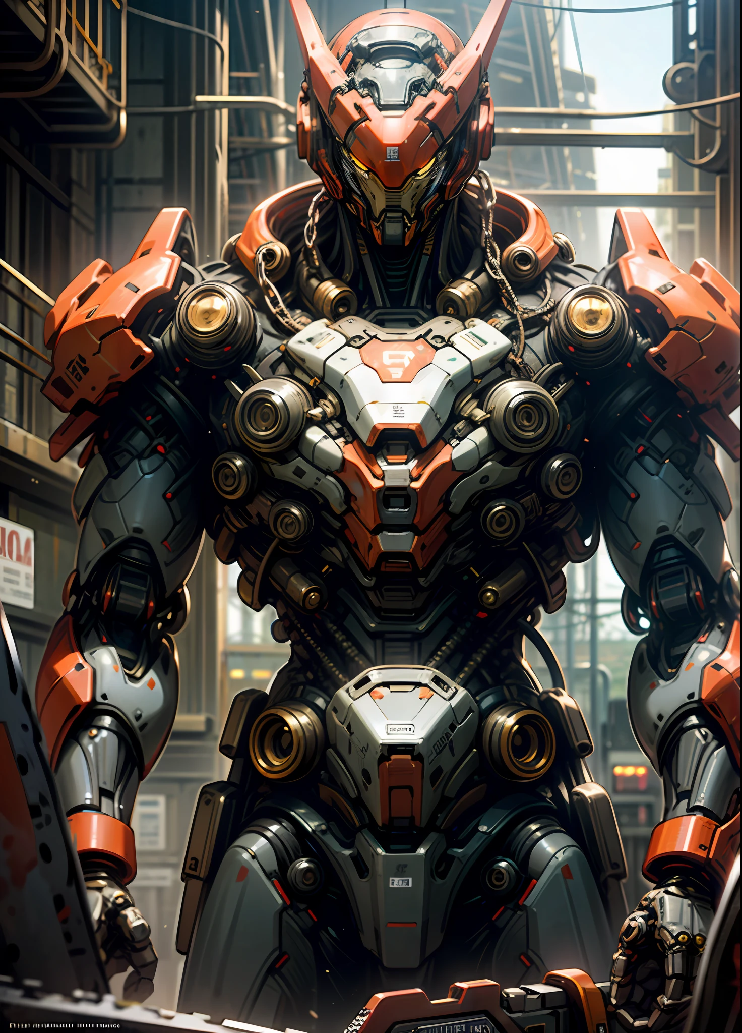 Dark_Fantasy,Cyberpunk,(chain saw,chain saw man,Red:1.1),1man,Mechanical marvel,Robotic presence,Cybernetic guardian, wearing a worn-out mech suit, intricate, (steel metal [rusty]), elegant, clear focus, shot by greg rutkowski, soft lighting, vibrant colors, masterpiece, ((street)), cowboy shot, dynamic pose,