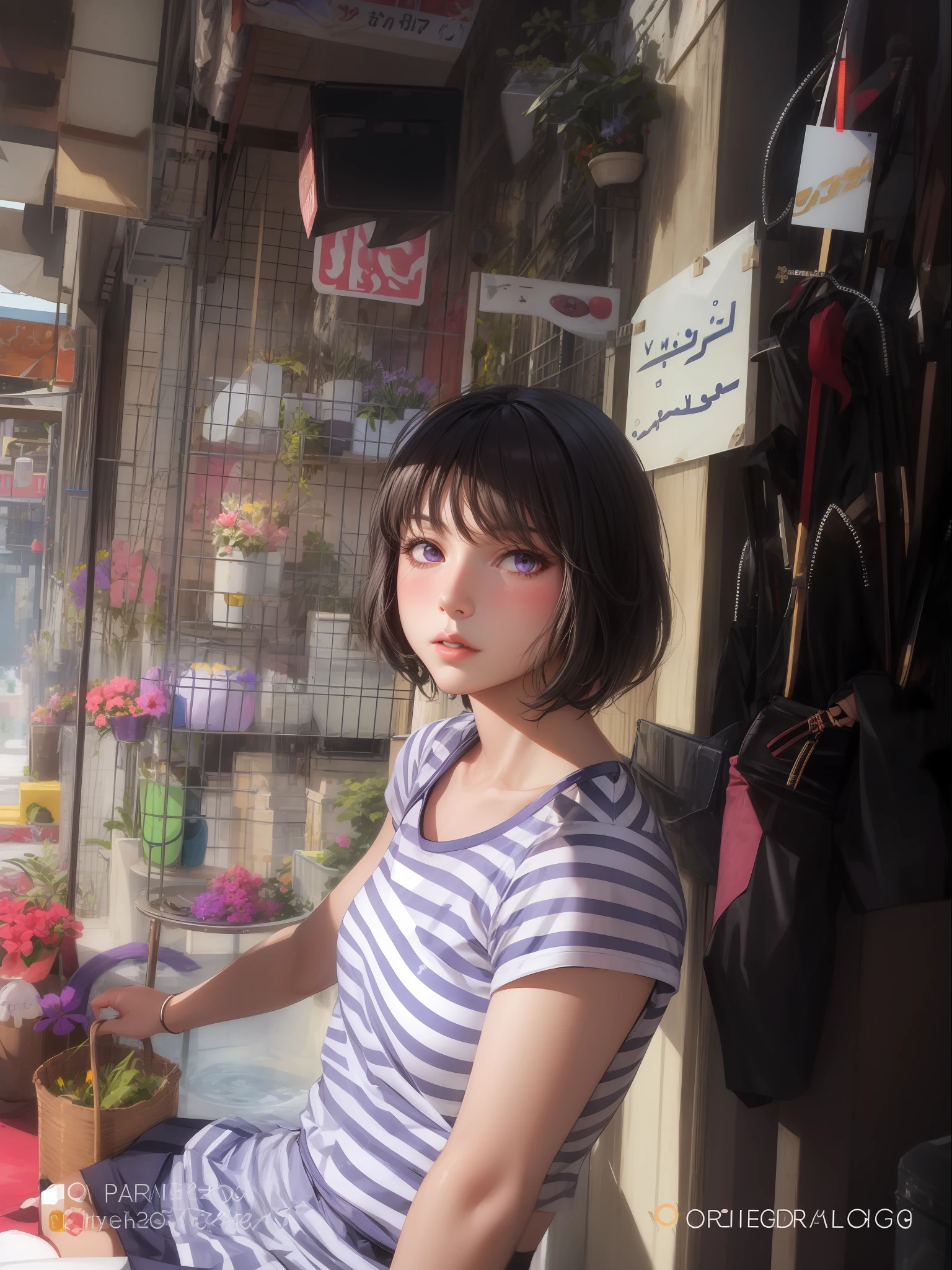 Realistic, 1girl, white hair, purple eyes, glowing eyes, cropped top, skirt, parted lips, blush, night, flowers, sun, sunlight, white skirt, short skirt, medium length hair, real, warm colors, white short Dress, white clothes, light background color, day environment, bright color background, saudi, ocean, cute,