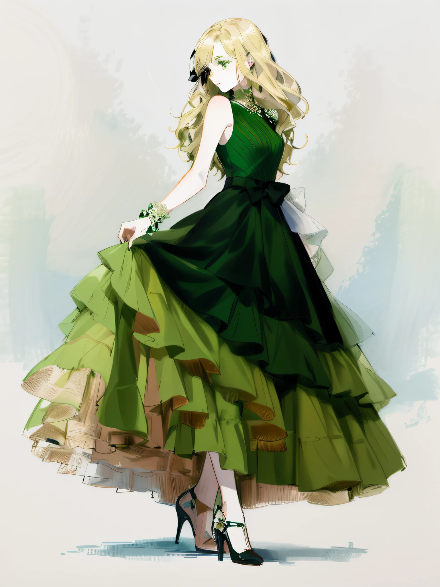 A painting of a woman in a green dress,Green dress,Green top,Green skirt,Wearing a bow, beautiful drawing style, wearing flowing dress, detailed dress and face, traditional drawing style, girl in a dress, wearing elegant dress, Drawing style, detailed fashion illustration, coiffed blonde hair,fair white skin,black heels,((Black eyes))