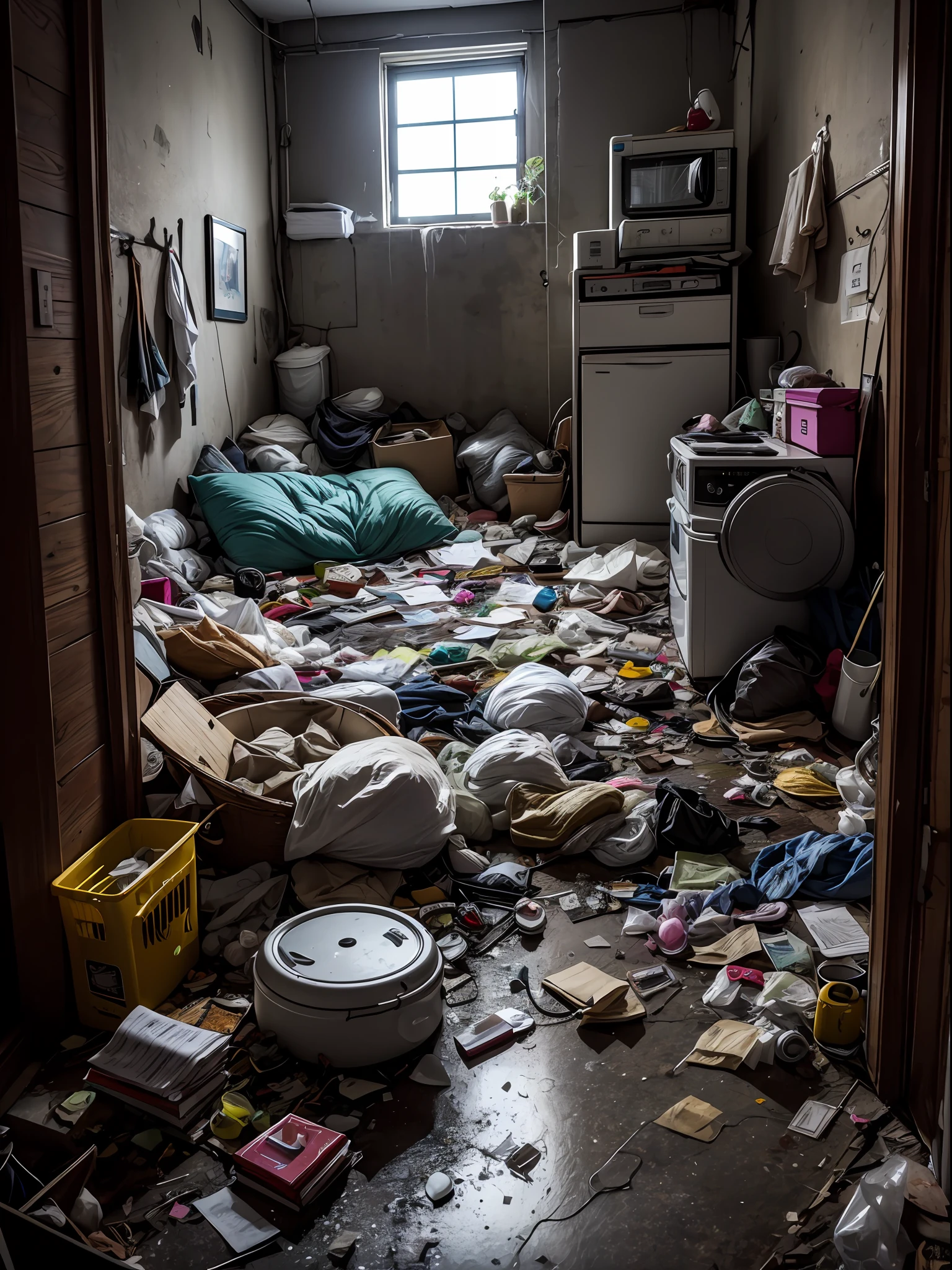 sluminterior tiny room with bed with pillow and blanket, rack, kitchen, pan, broken mirror, pile of trash, dirty, plastic waste, puddle, mouse, dim light, futuristic, ornate, detail