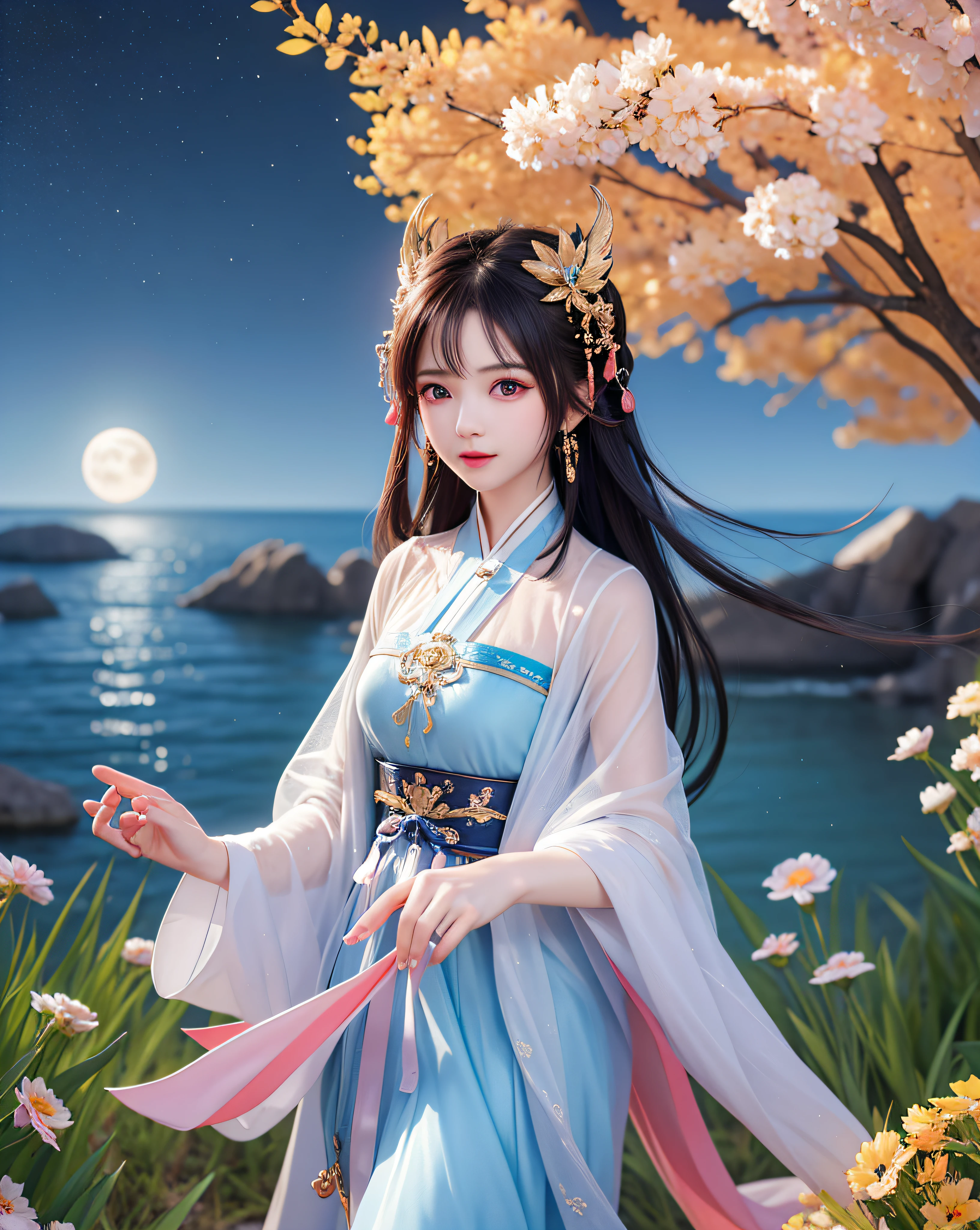 (8k, RAW photo:1.2), best quality, ultra high res,dramatic angle,(fluttered detailed color splashs), (illustration),(((1 girl))),(long hair),(rain:0.9), (头饰:1.4),少女身边有一座古宫,汉服,(重点),彩色水墨画,(泼彩),泼彩,(((colorful))),(素描:0.8) , Masterpiece, best quality, beautiful painted, highly detailed,(denoising:0.6),[splash ink],((ink refraction)), (beautiful detailed sky),moon,highly,detaild,(masterpiece, best quality, extremely detailed） CG unity 8k壁纸，杰作，最好的质量，超详细），（石蒜），