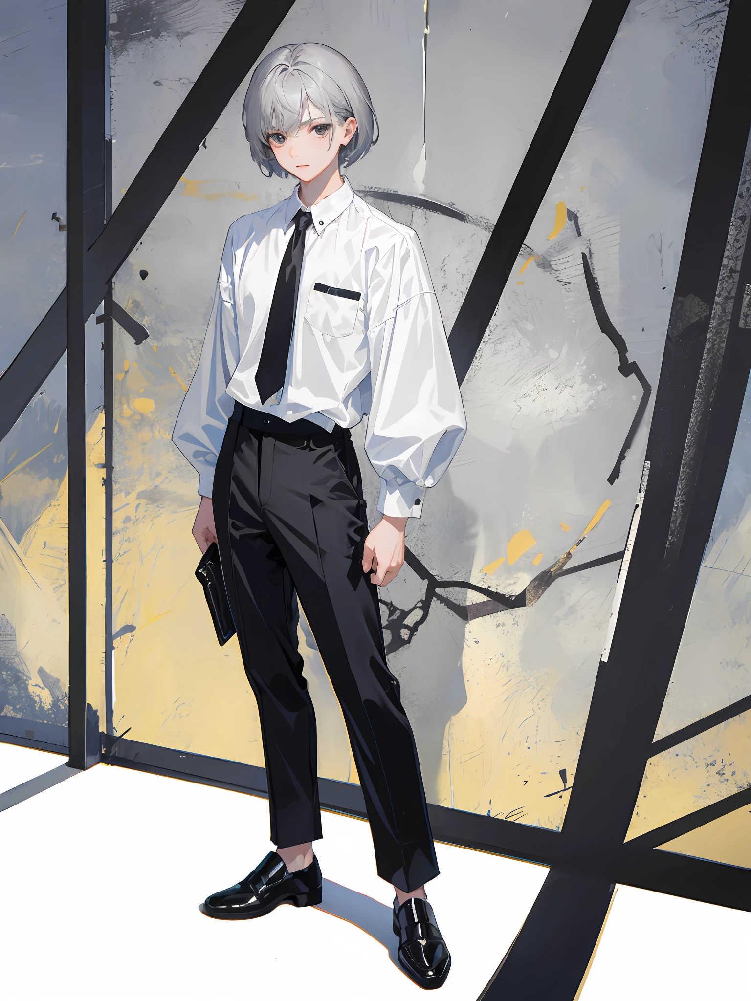 Masterpieces of the highest quality、Solo Male Focus。Short-haired boy with gray hair、Black eye、White shirt、Standing in black pants