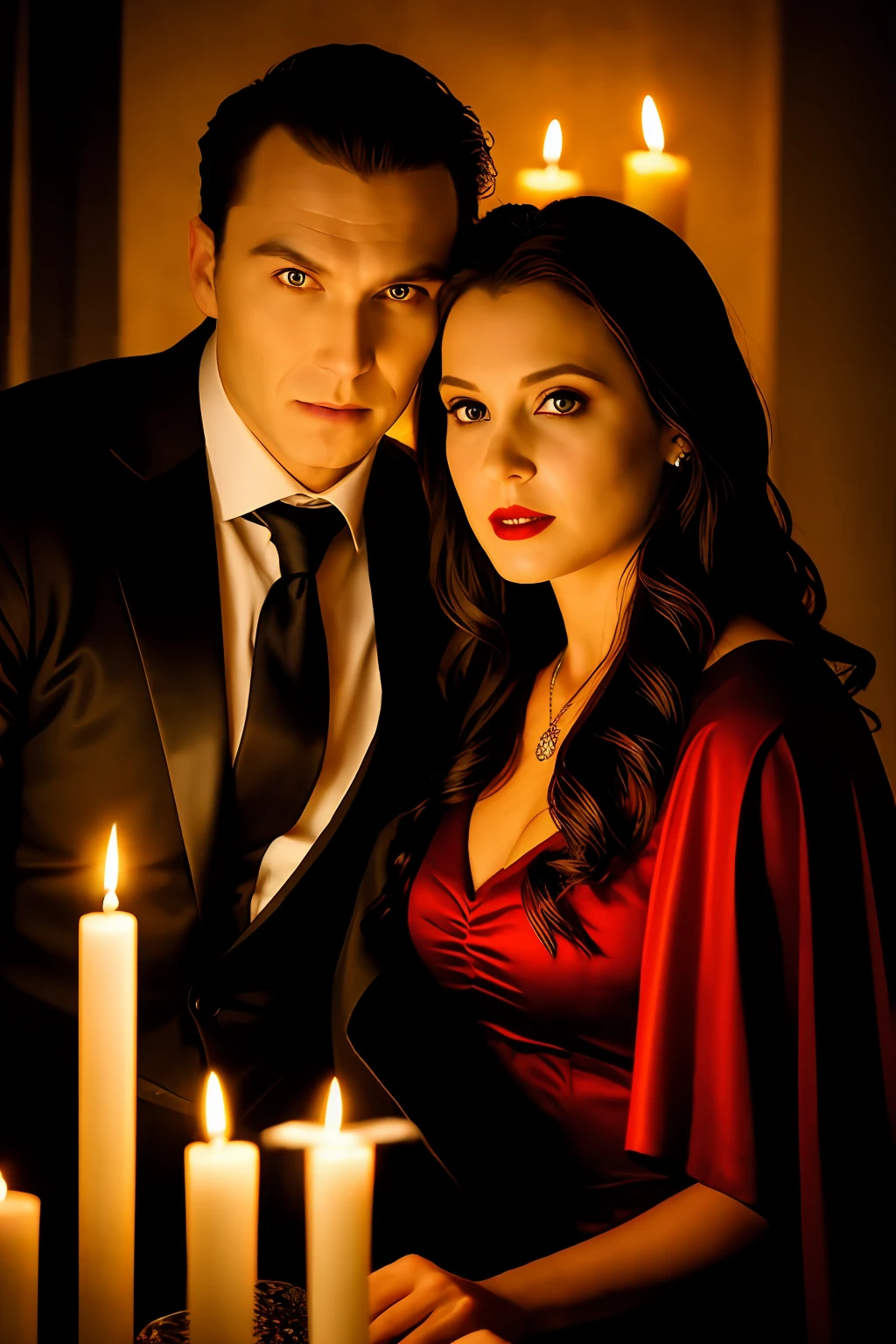 Vampire in suit and black tie red cape with his wife at night under candlelight