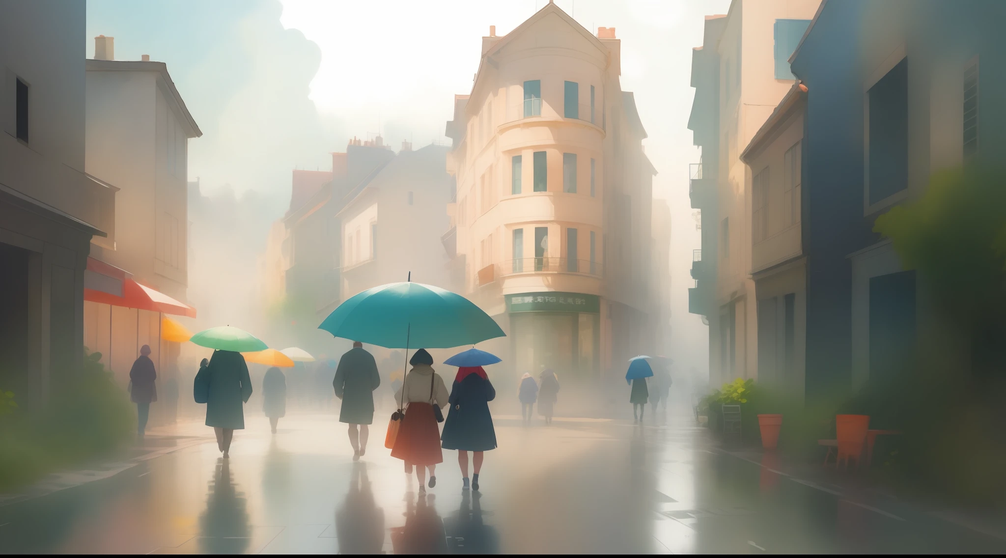 Streets in the rain, France,People walk with colorful umbrellas。The fog between the buildings in the distance is misty;watercolour painting style,16K