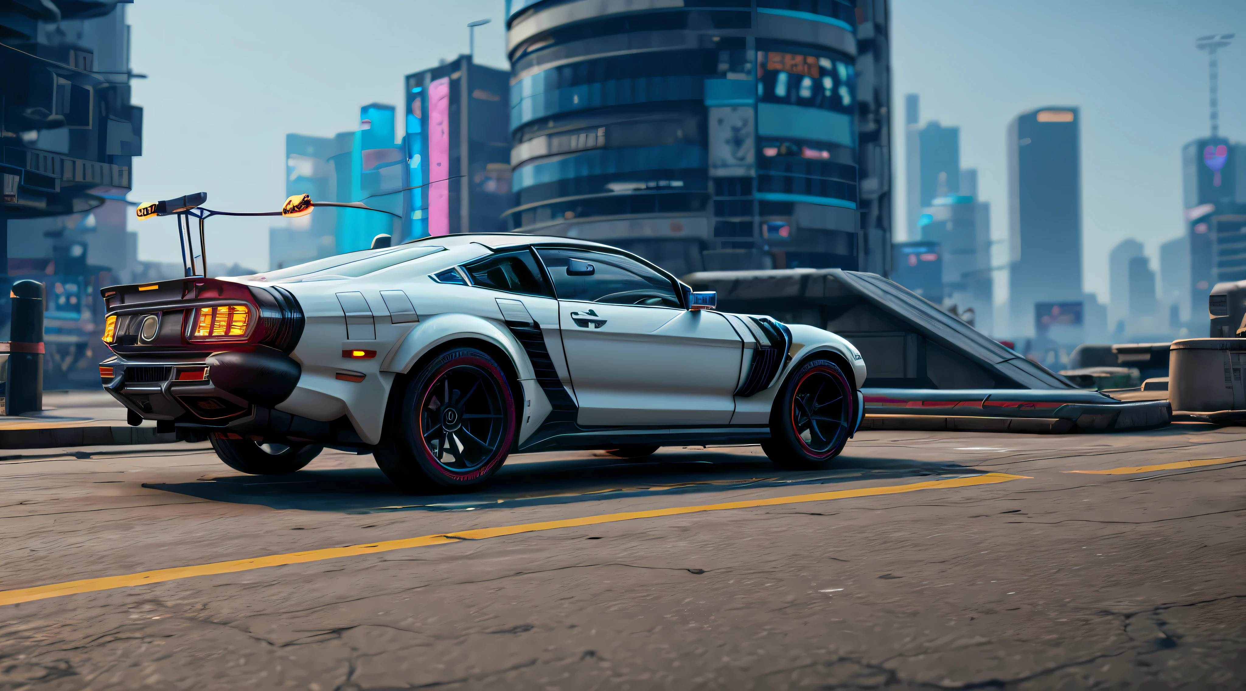 Uma cena de carro cyberpunk com tecnologia futurista, hacking e sneaking. cinematic 3d render, High definition and hyper-realistic. Inspirado em Deus Ex, Cyberpunk 2077 e Ghost in the Shell. --auto