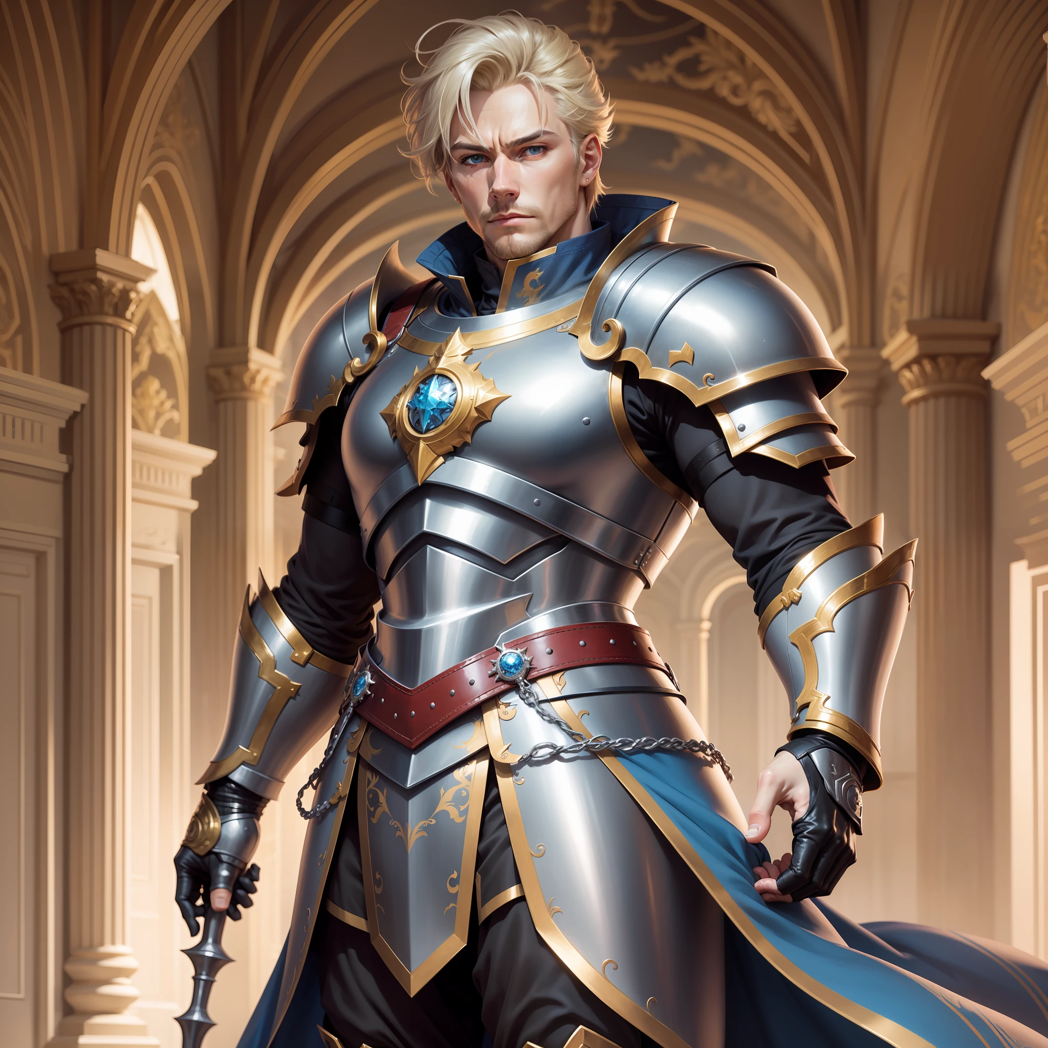 realistic image in anime style artwork of a tall, strong man, 30s, blond with short hair, blue eyes, cold expression, dressed in silver paladin's garb and with golden shoulder pads, rpg warrior, standing in a large hall of a royal palace