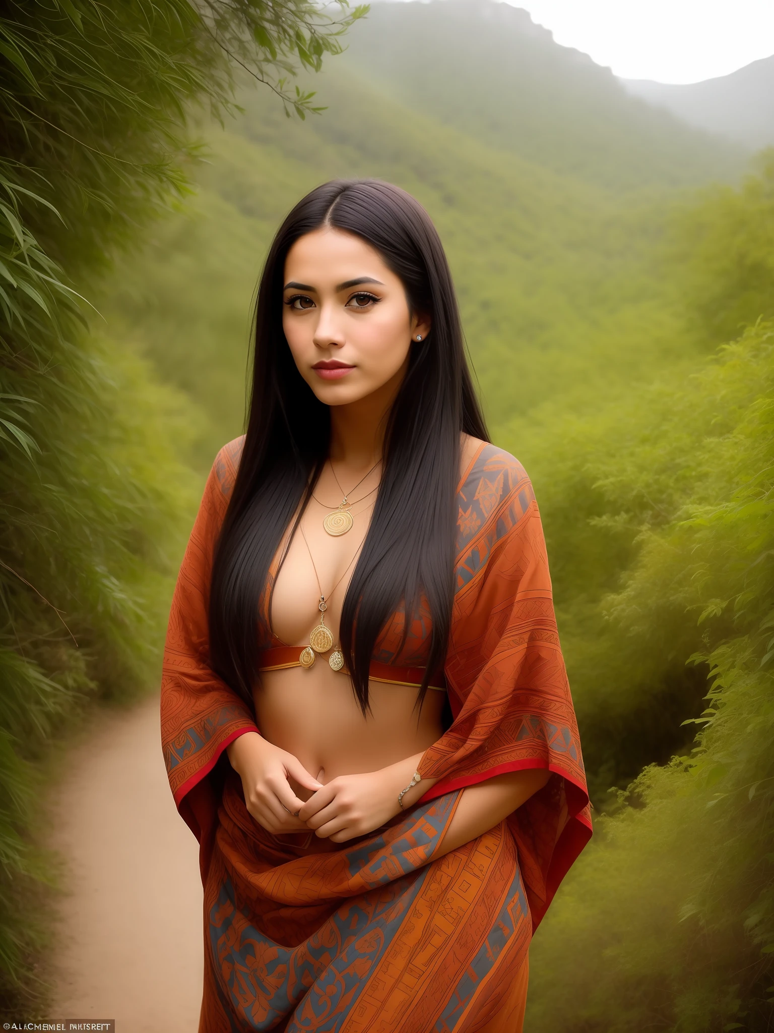 ((realista: 1.5)),((La mejor calidad)), ((Obra maestra)),((Detallado)), (1 Mexican girl), {una hermosa mujer azteca vestida, (Parte superior del cuerpo: 1.3) , { completamente vestido con el traje tradicional azteca, super-wide-angle lens, brown eyes, Enfoque facial, maduro, sexy, toned muscles, piernas largas, curva, descalzo, traje azteca completo, muslos gruesos, caderas anchas, piernas delgadas, ojos cabello oscuro, Cabello largo y negro, cabello suelto, (Cara detallada, Hermosos ojos, alumnos detallados, Detailed characteristics of Aztec clothing, fondo claro: 1.3), misteriosa ruina azteca antigua, frondosos bosques, Deep canyons, puente, Kali, Acantilado, nube , lagos, roca, Cascadas, flores, Hierba, diente, enredadera, tree, humo, Mejor sombra, Detalles brillantes, Claro, perfect composition, intrincado, sharpen focus, dramatic, (specular lighting: 1.3), Luz de borde, Paisaje Azteca , completamente vestido,