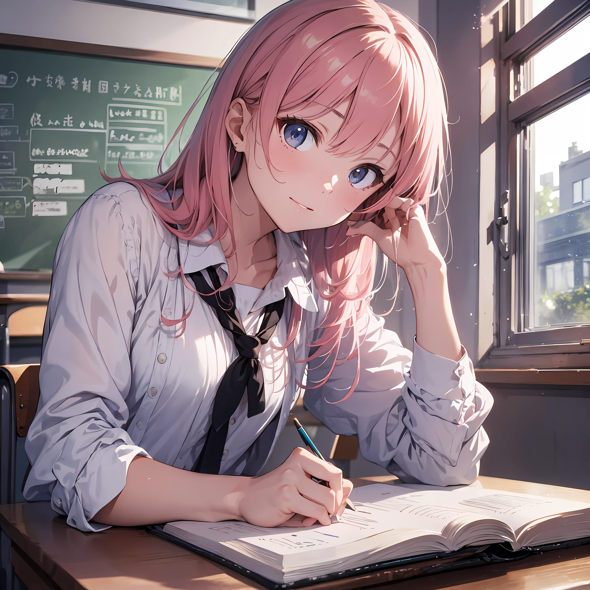 (Maste Piece, High Definition, A high resolution, Illustration), in 8K,During school classes、Schoolgirl with pink hair、Studying、Detailed study desk、Sitting at a study desk、Turned、Blackboard in the distance、Detailed class scene、Teacher in class in the distance