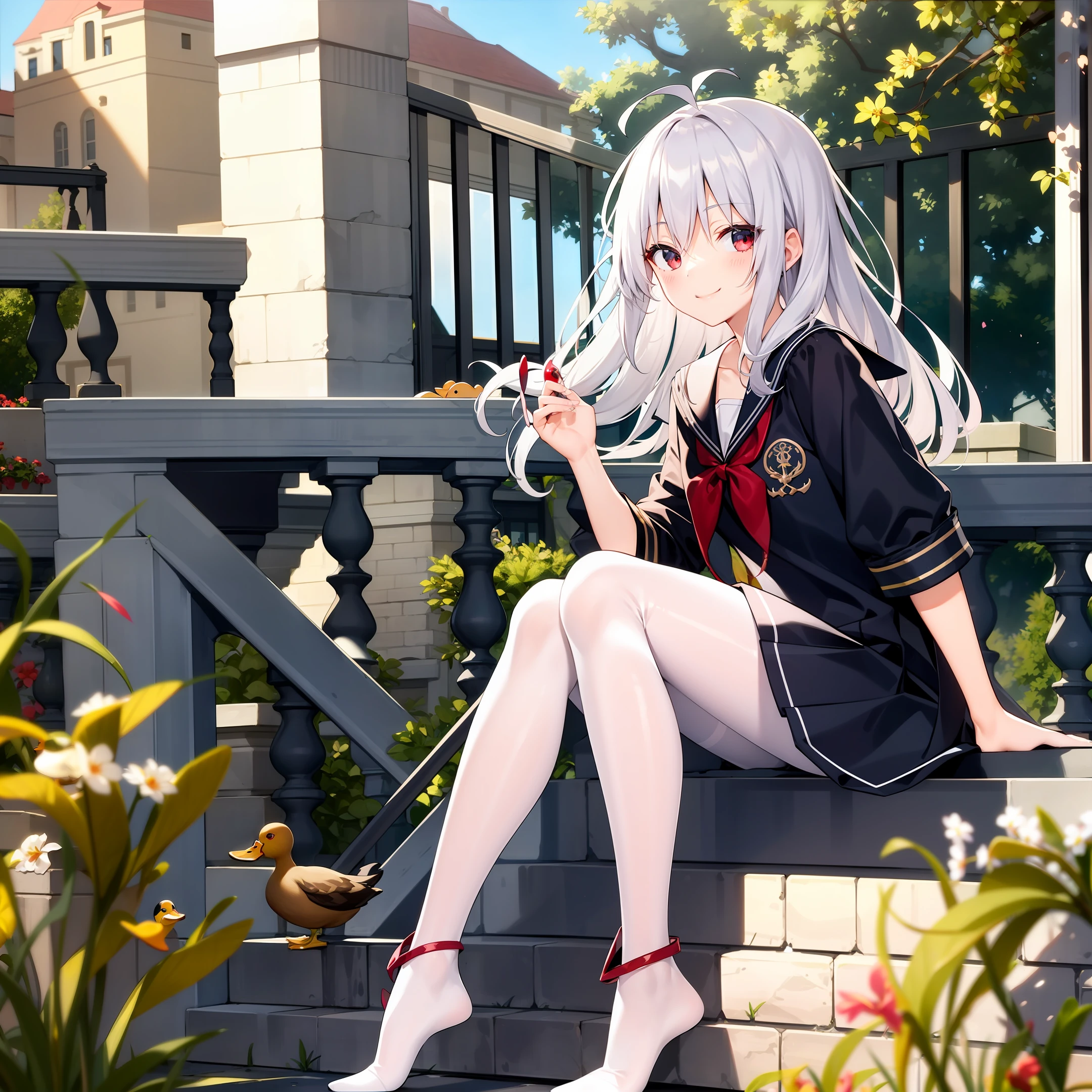 Beautiful girl white hair red eyes sailor suit white pantyhose
Smile duck sits