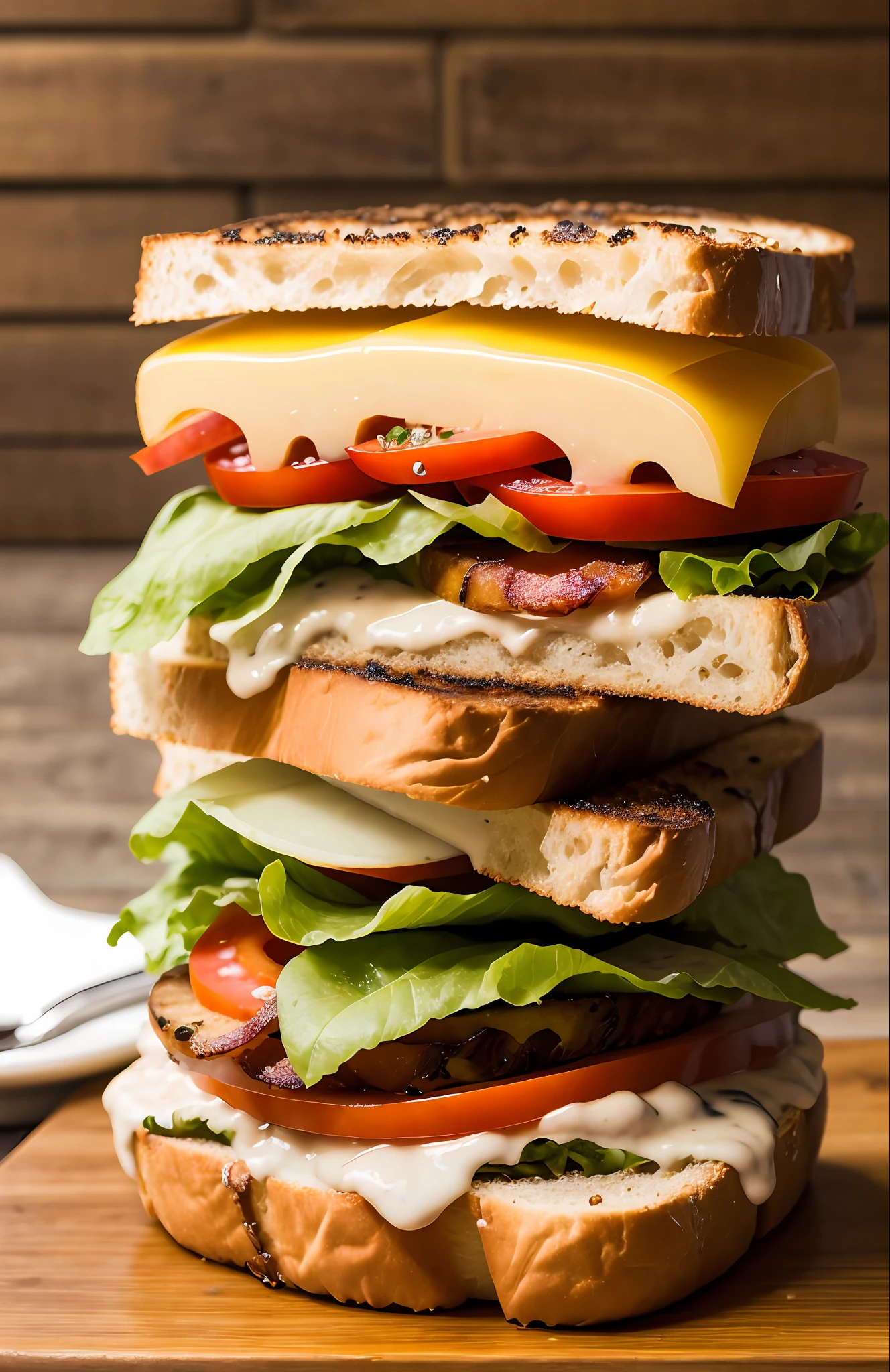 photo of a scrumptious BLT sandwich with extra bacon, (rustic diner background)+, seed bread, pepper jack cheese, (intricate details:1.12), hdr, (intricate details, hyperdetailed:1.15)