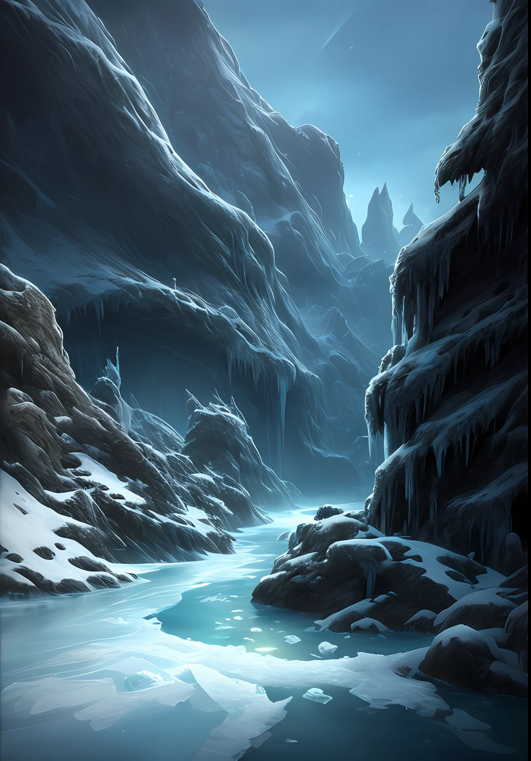 (masterpiece), icy monsters, (decrepit setting), danger, dawn, (art by [Bastien Lecouffe-Deharme| Caspar David Friedrich]:1.2), (unreal engine rendering, photorealistic painting, photorealism:1.2), (mysterious)