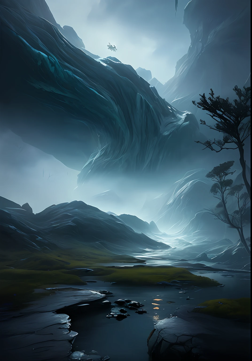 (masterpiece), icy monsters, (decrepit setting), danger, dawn, (art by [Bastien Lecouffe-Deharme| Caspar David Friedrich]:1.2), (unreal engine rendering, photorealistic painting, photorealism:1.2), (mysterious)