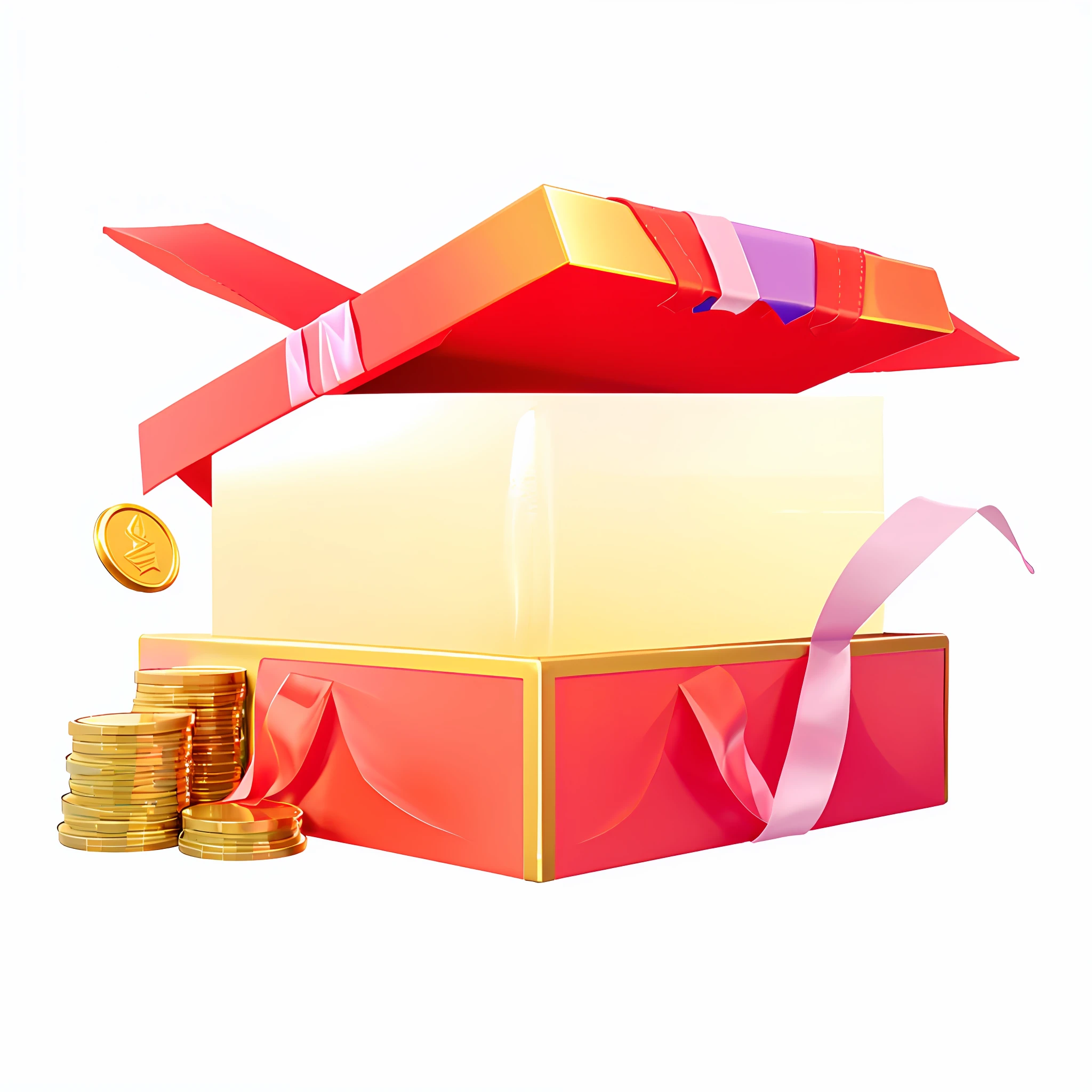 there is a red box with a ribbon and a gold coin, loot box, fanbox, Gifts, Gold, without text, online casino logo, Gifts, Treasure chests, 3 d icon for mobile game, Telegram stickers, generous, Game icon, illustration, 9K,