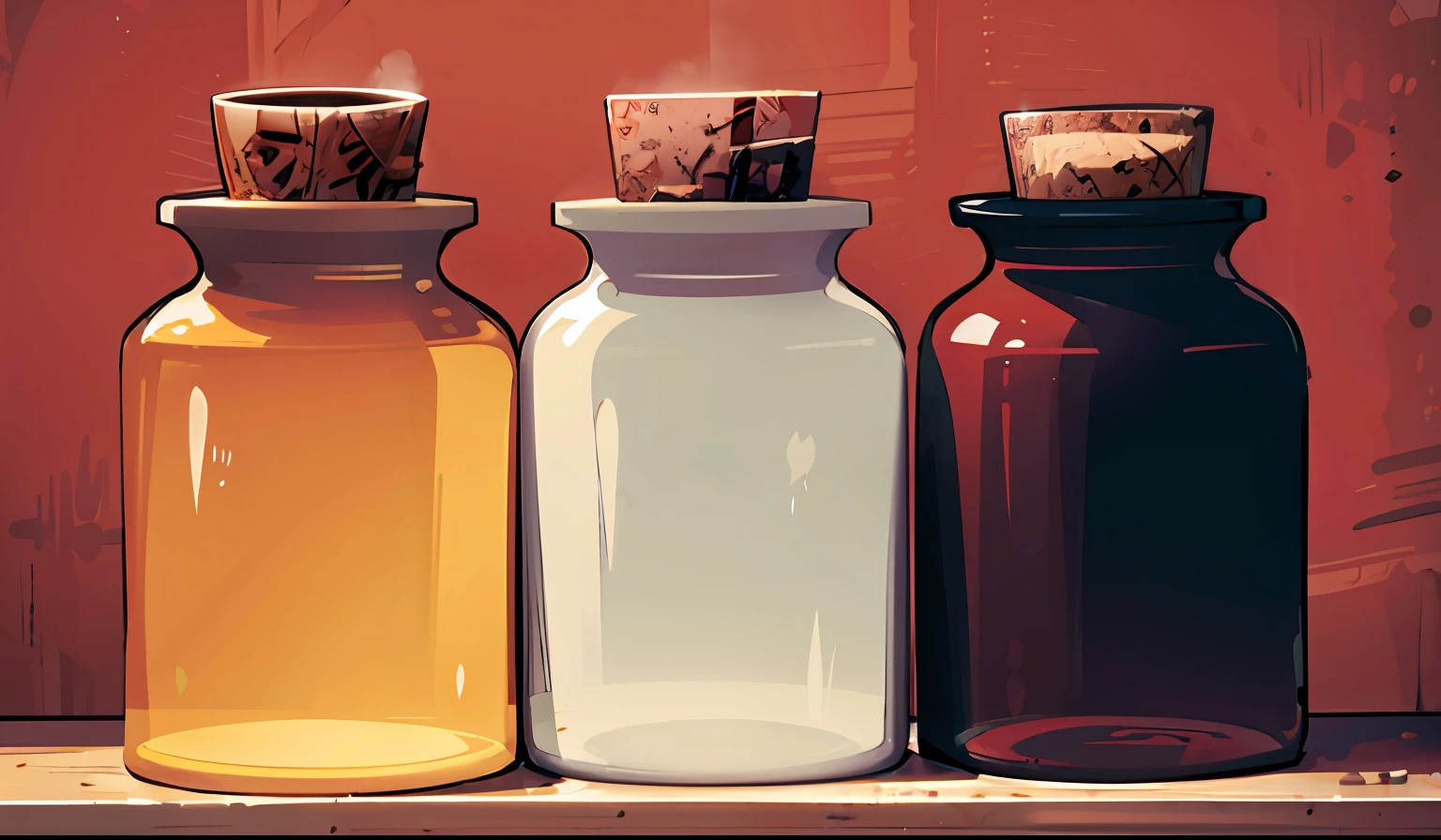 three white bottles with cork tops sit on a counter, fotografia do produto