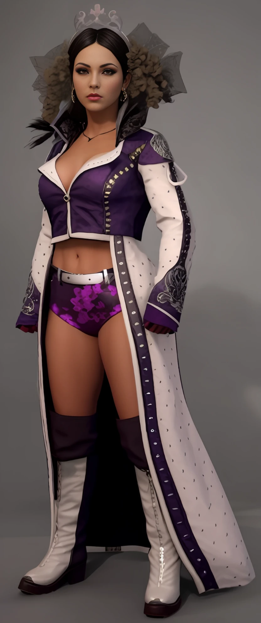 Une femme en tenue violette et bottes pose pour une photo, Manteau violet et blanc, Manteau violet et blanc, En tant que personnage dans Tekken, Manteau violet blanc complet, morts ou vivants 6, Kate Bishop, female lead character, wearing a purple detailed coat, alluring mesmer woman, Poser pour un combat complexe, female character