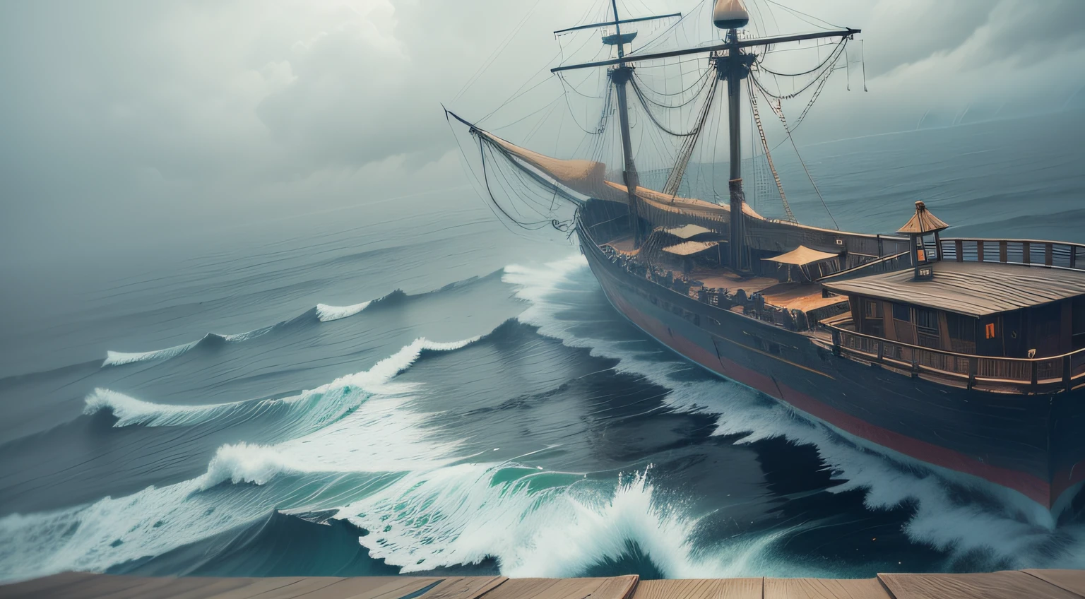 In the storm,On the deck of a wooden pirate ship,Broken,Heavy fog,Top view angle
