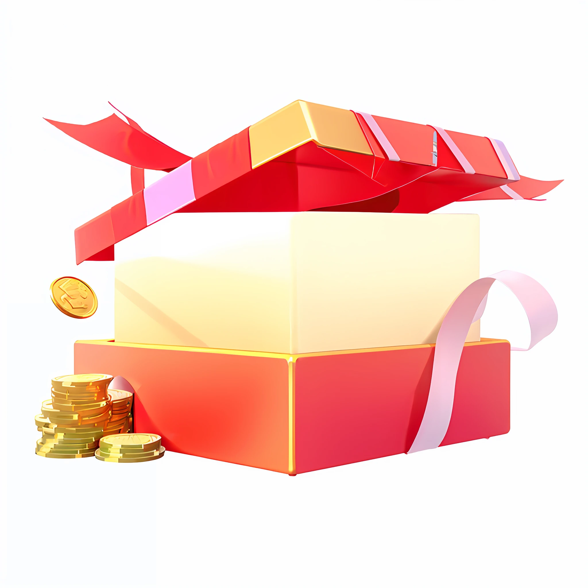 there is a red box with a ribbon and a gold coin, loot box, fanbox, Gifts, Gold, without text, online casino logo, Gifts, Treasure chests, 3 d icon for mobile game, Telegram stickers, generous, Game icon, illustration, 9K,